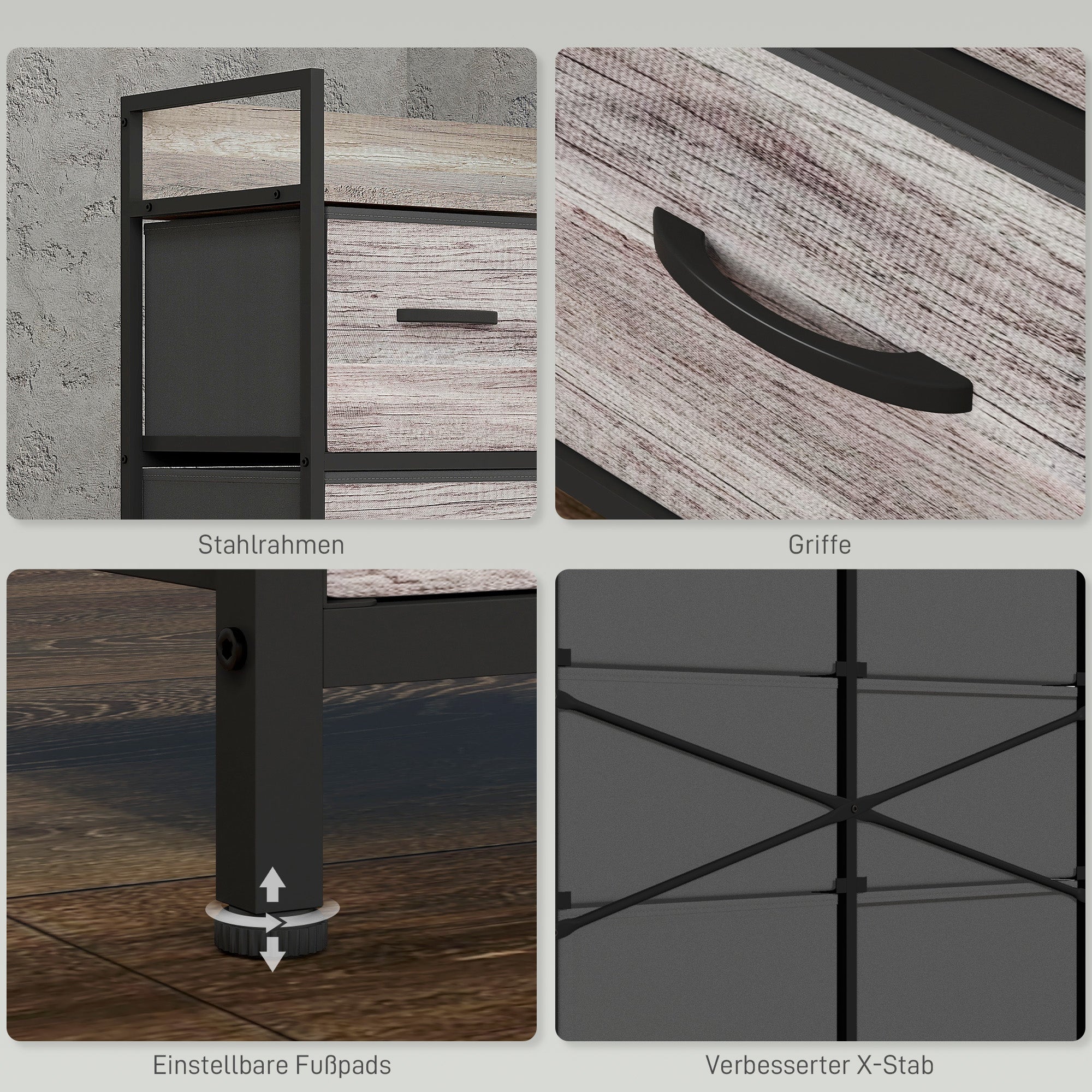 Chest of Drawers with 6 Fabric Drawers Storage Cabinet Dresser with Woodgrain, Handles, Steel Frame, Industrial Design Sideboard for Living Room Gray