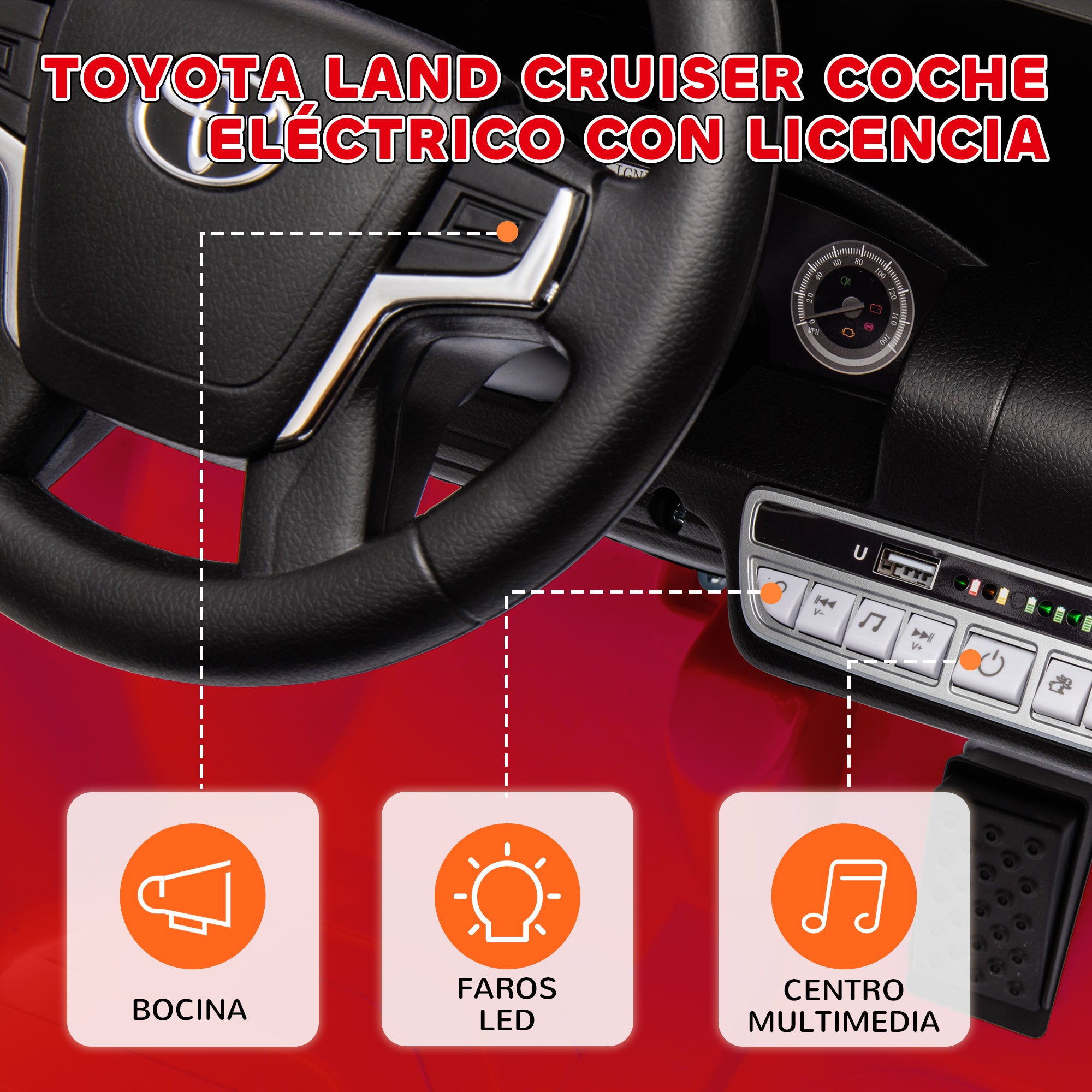 Electric Car for Kids +3 Years Toyota LAND CRUISER Electric Car with 12V Battery Remote Control Headlights Horn Soft Start and MP3 Music Red