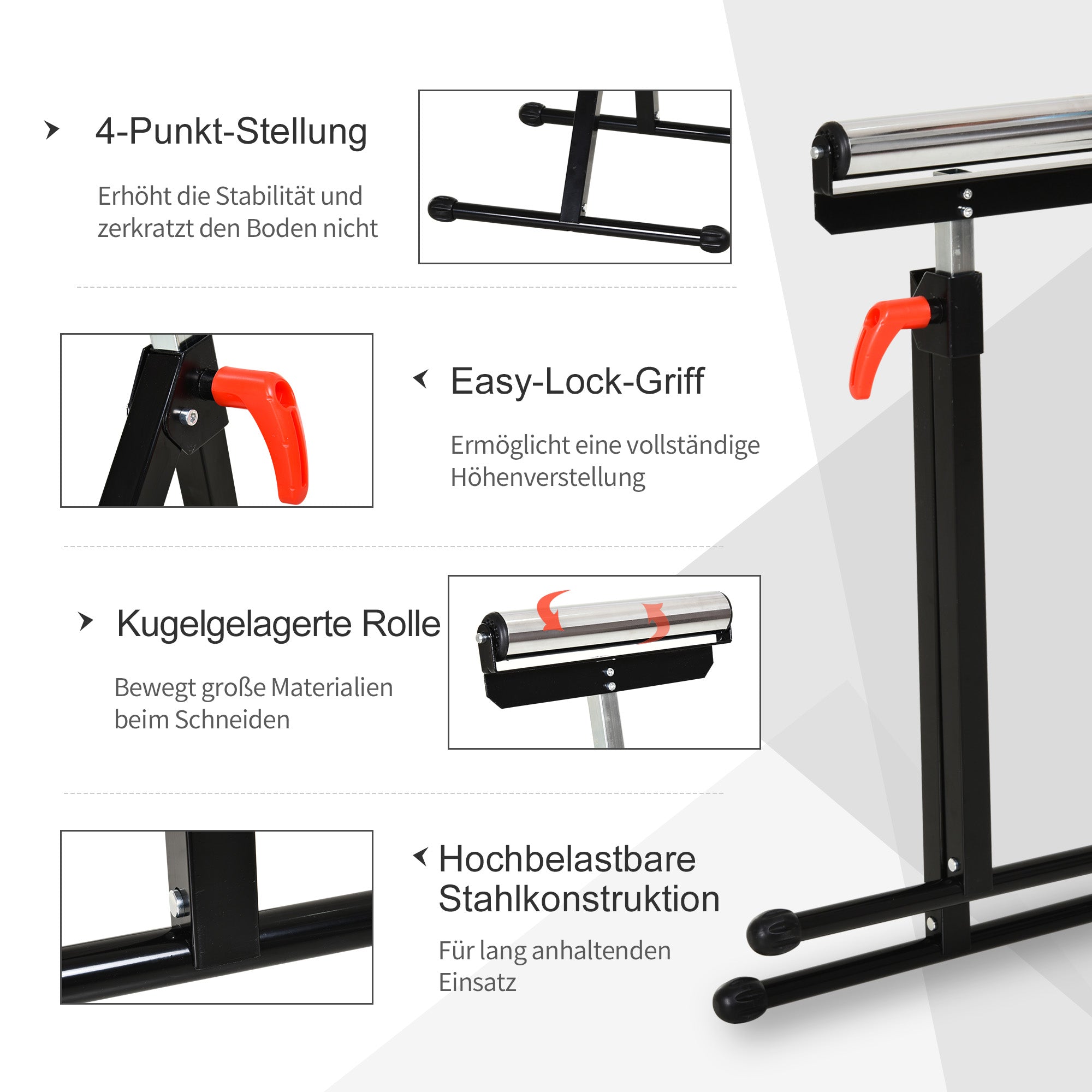 Roller Stand, Roller Support, Height Adjustable Work Stand, Roller Stand, Support Stand, up to 90 kg, Metal, Black, 44 x 50 x 68-110 cm