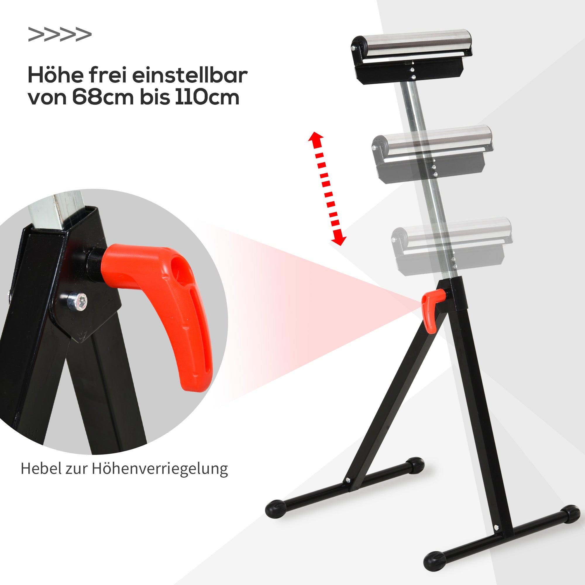 Roller Stand, Roller Support, Height Adjustable Work Stand, Roller Stand, Support Stand, up to 90 kg, Metal, Black, 44 x 50 x 68-110 cm