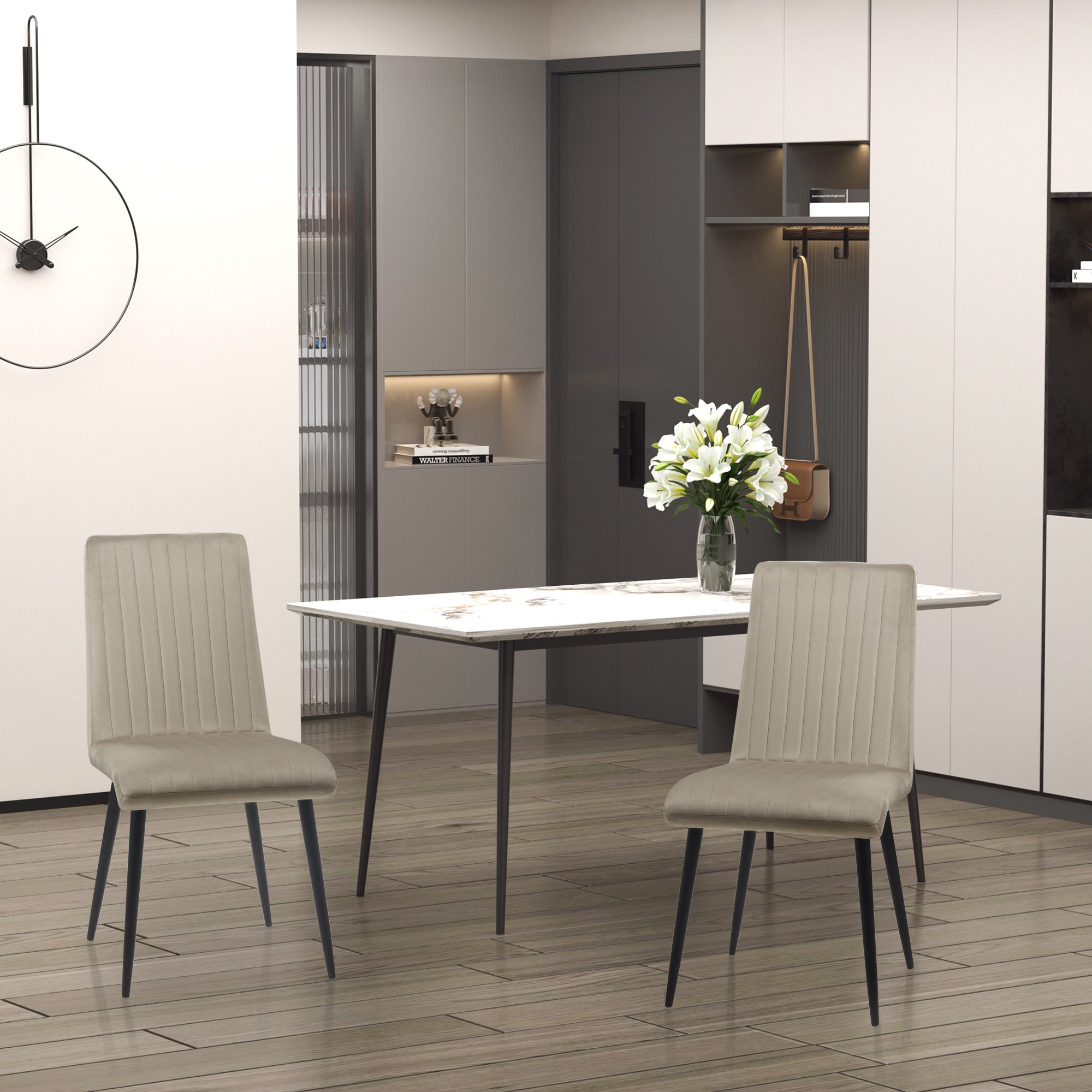 2 pcs Upholstered Velvet Effect Fabric Dining Chairs with Steel Legs and Space-Saving Design, 43x58x90 cm, Brown and Black