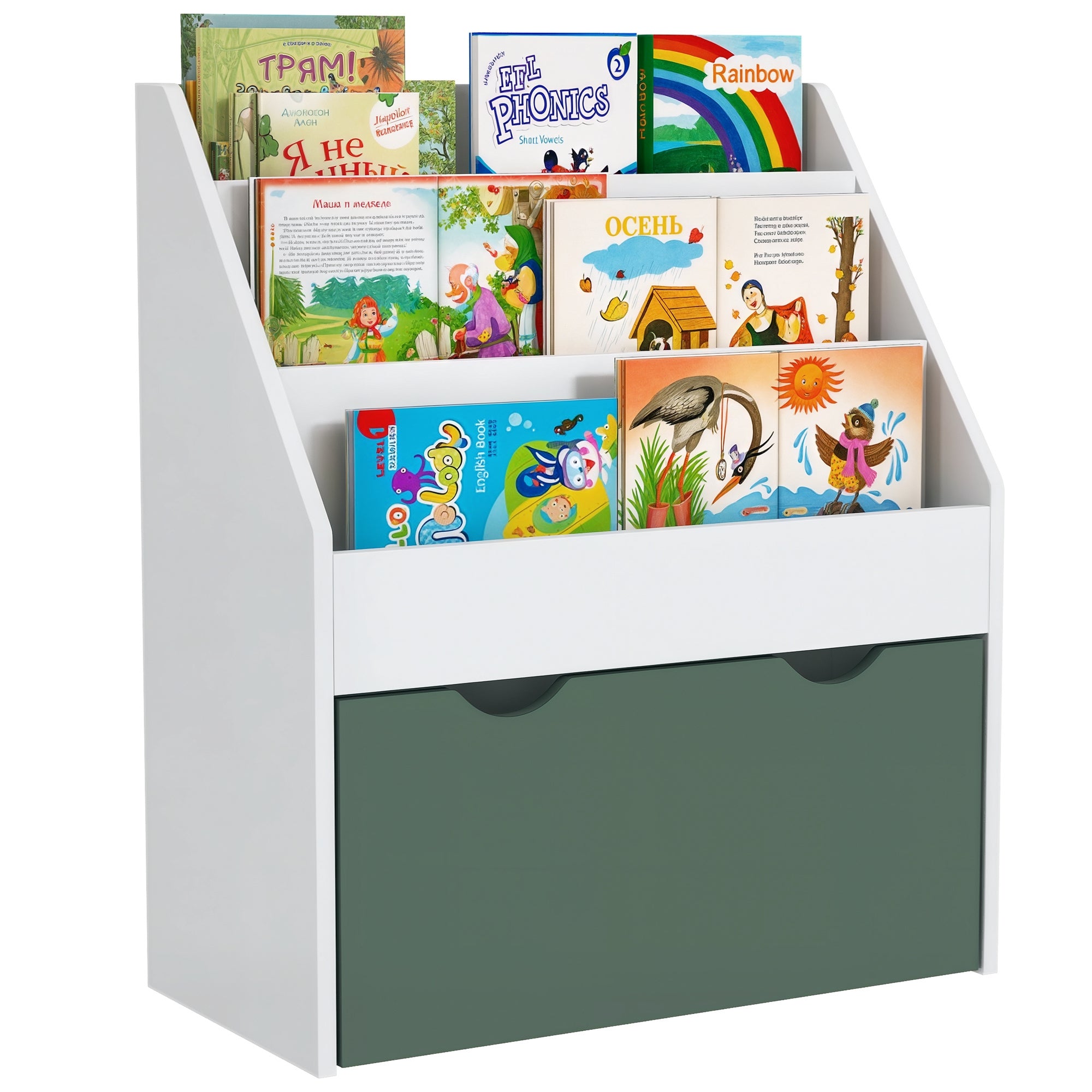 Children's Bookshelf Toy and Book Storage Multi-level with 3 Shelves and Drawer, 62.5L x 30W x 70H cm, Green