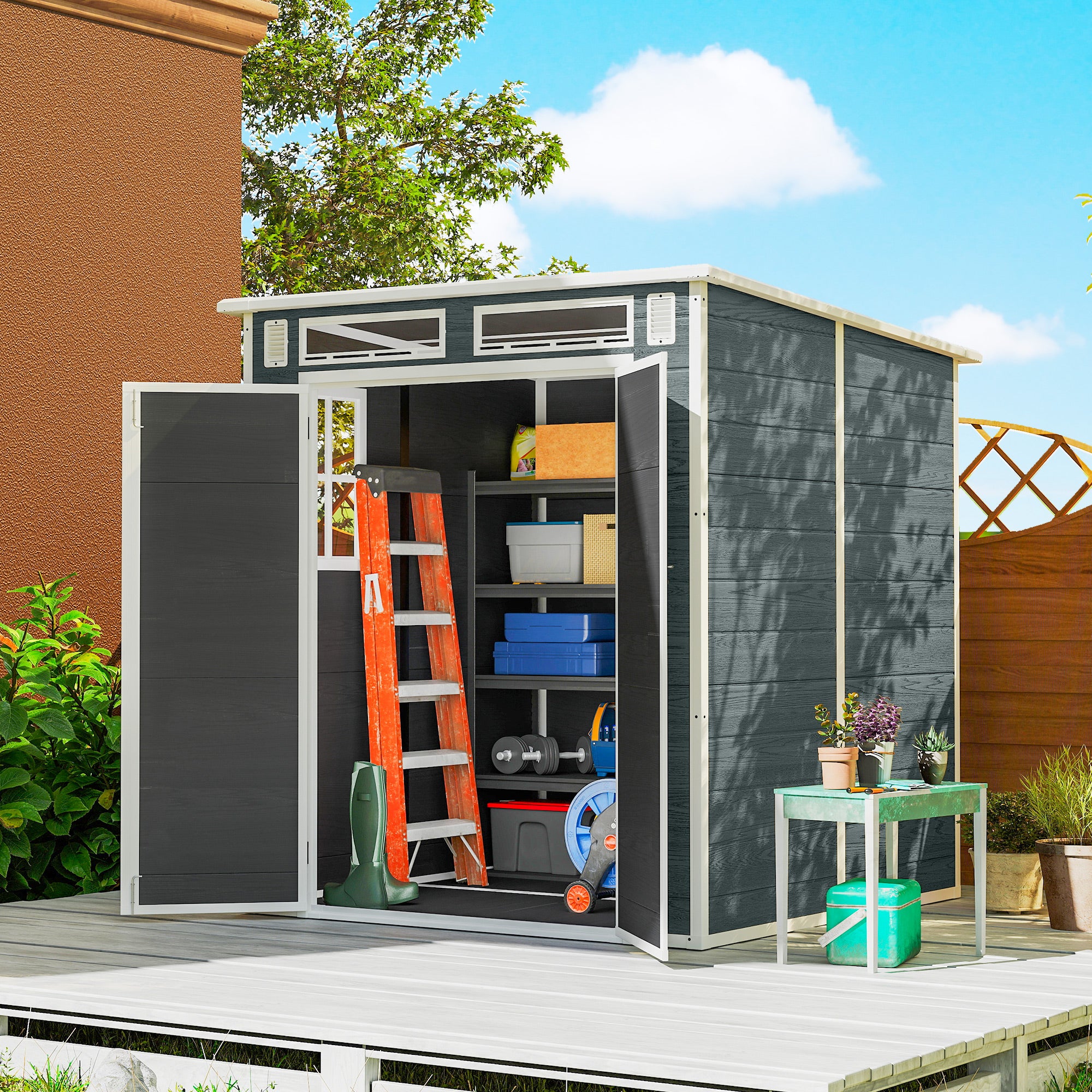 6 x 6 ft Wood-Effect Plastic Garden Shed with Floor, Three Windows, Lockable Doors & Vents, Gray