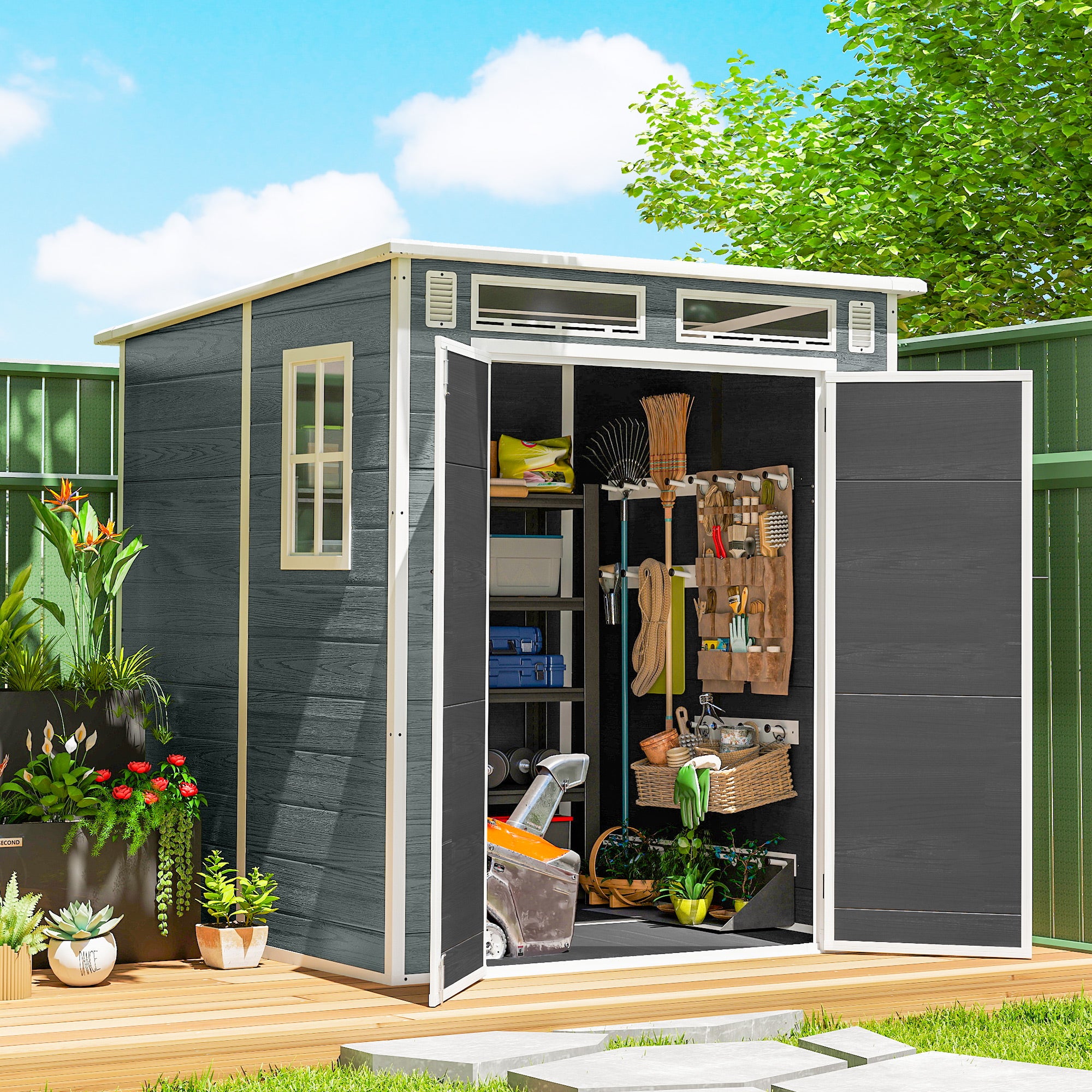6 x 6 ft Wood-Effect Plastic Garden Shed with Floor, Three Windows, Lockable Doors & Vents, Gray