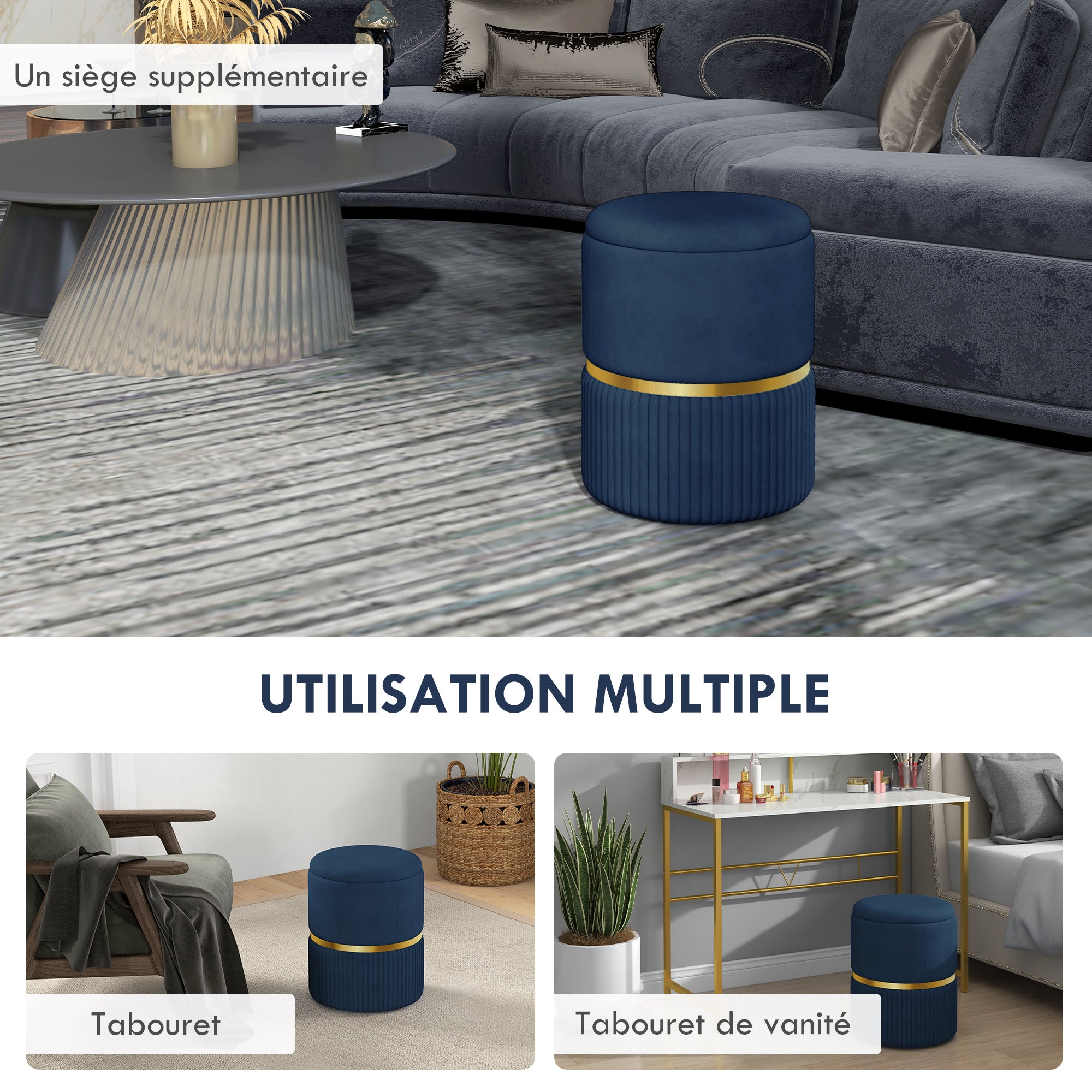 Pouf, footstool, storage box, in corduroy fabric, modern design, 36 x 36 x 44 cm, for living room, bedroom, blue