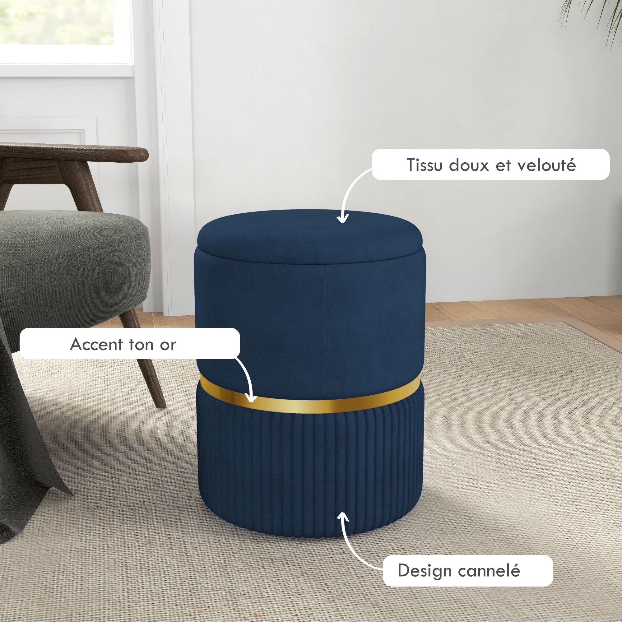 Pouf, footstool, storage box, in corduroy fabric, modern design, 36 x 36 x 44 cm, for living room, bedroom, blue