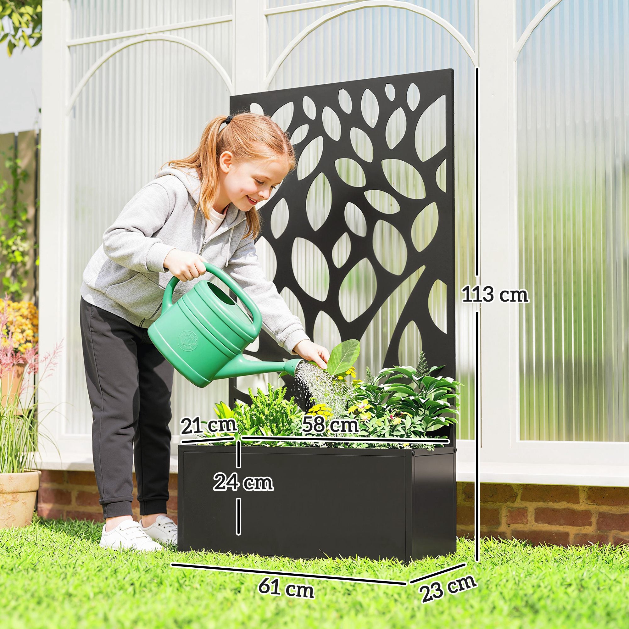 Elevated Metal Planter with Privacy Panel & Trellis, 61 x 23 x 113 cm (24 x 9.1 x 44.5 in)