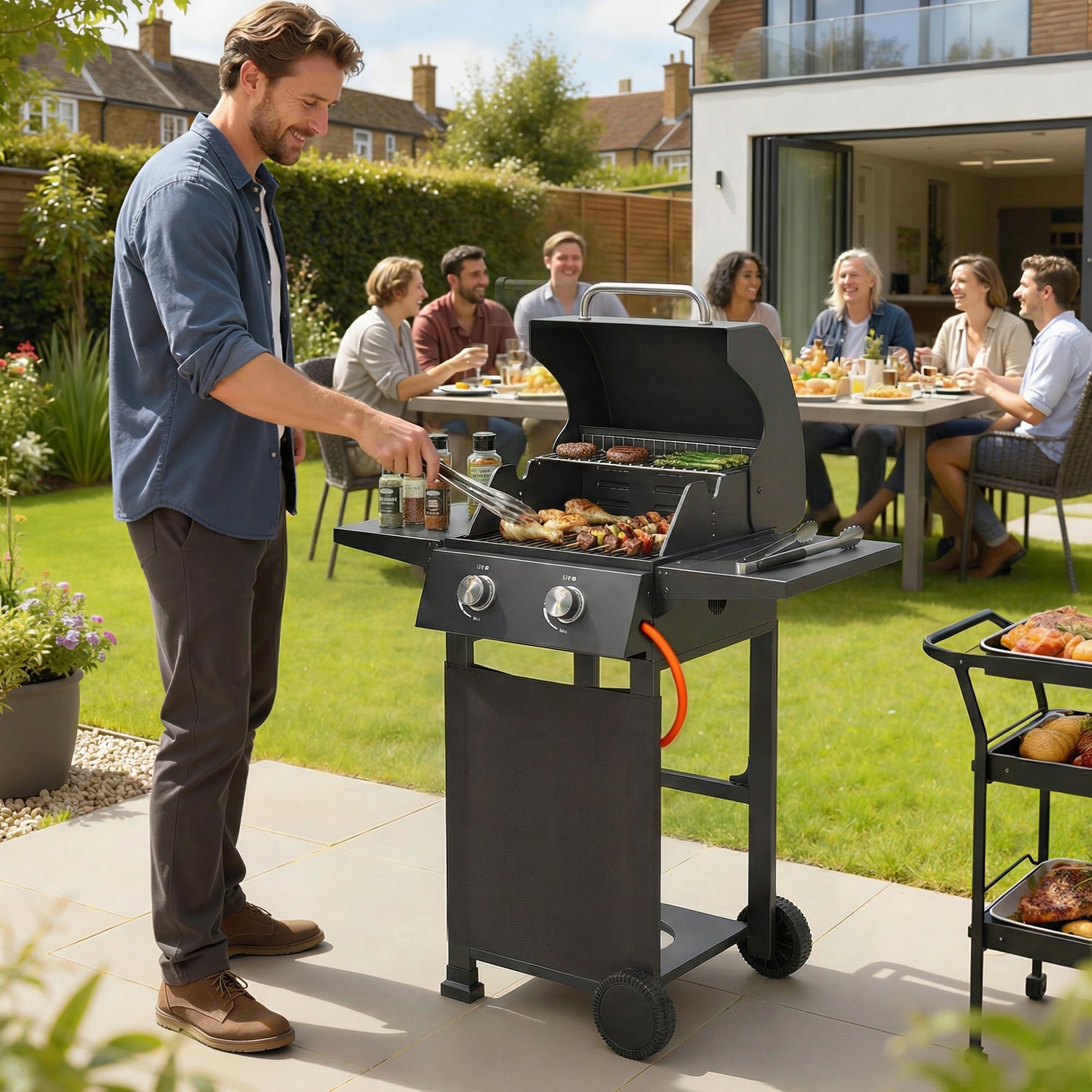 5.4 kW 2-Burner Propane Gas Grill Cart — Steel BBQ with Folding Side Shelves, Lid Thermometer, Chrome Cooking Grates, Warming Rack, Wheels & Storage Cabinet — Black