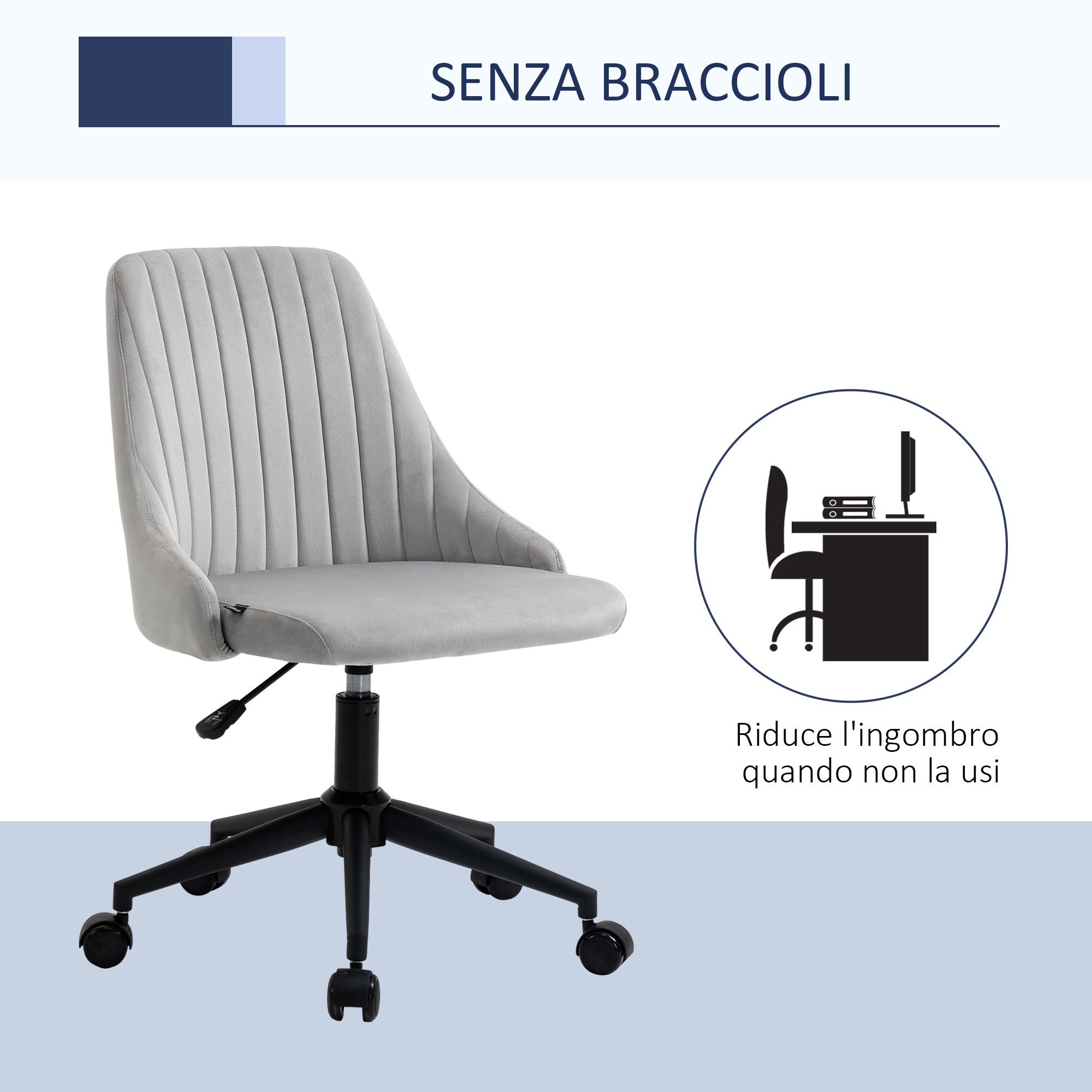 Grey Velvet Office Chair with Adjustable Height, 360° Swivel Ergonomic Chair with Wheels, 50x58x77-87cm