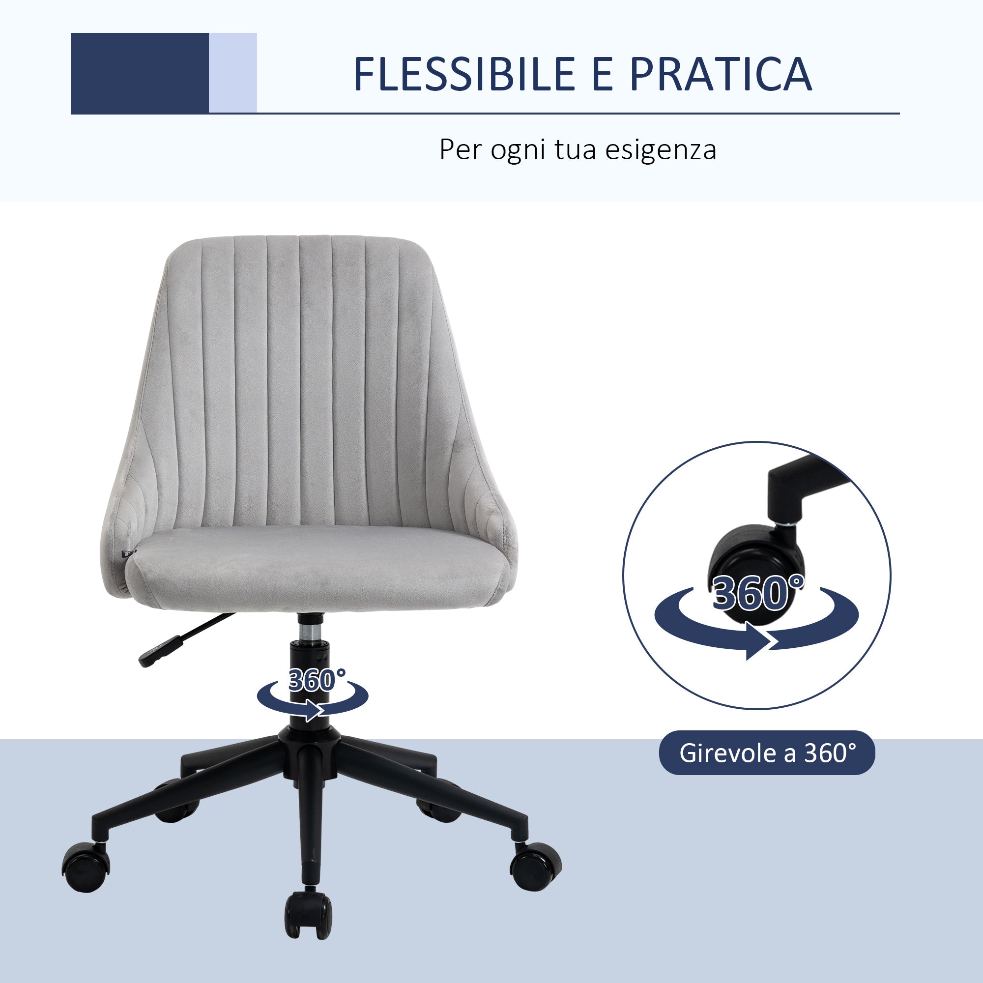 Grey Velvet Office Chair with Adjustable Height, 360° Swivel Ergonomic Chair with Wheels, 50x58x77-87cm