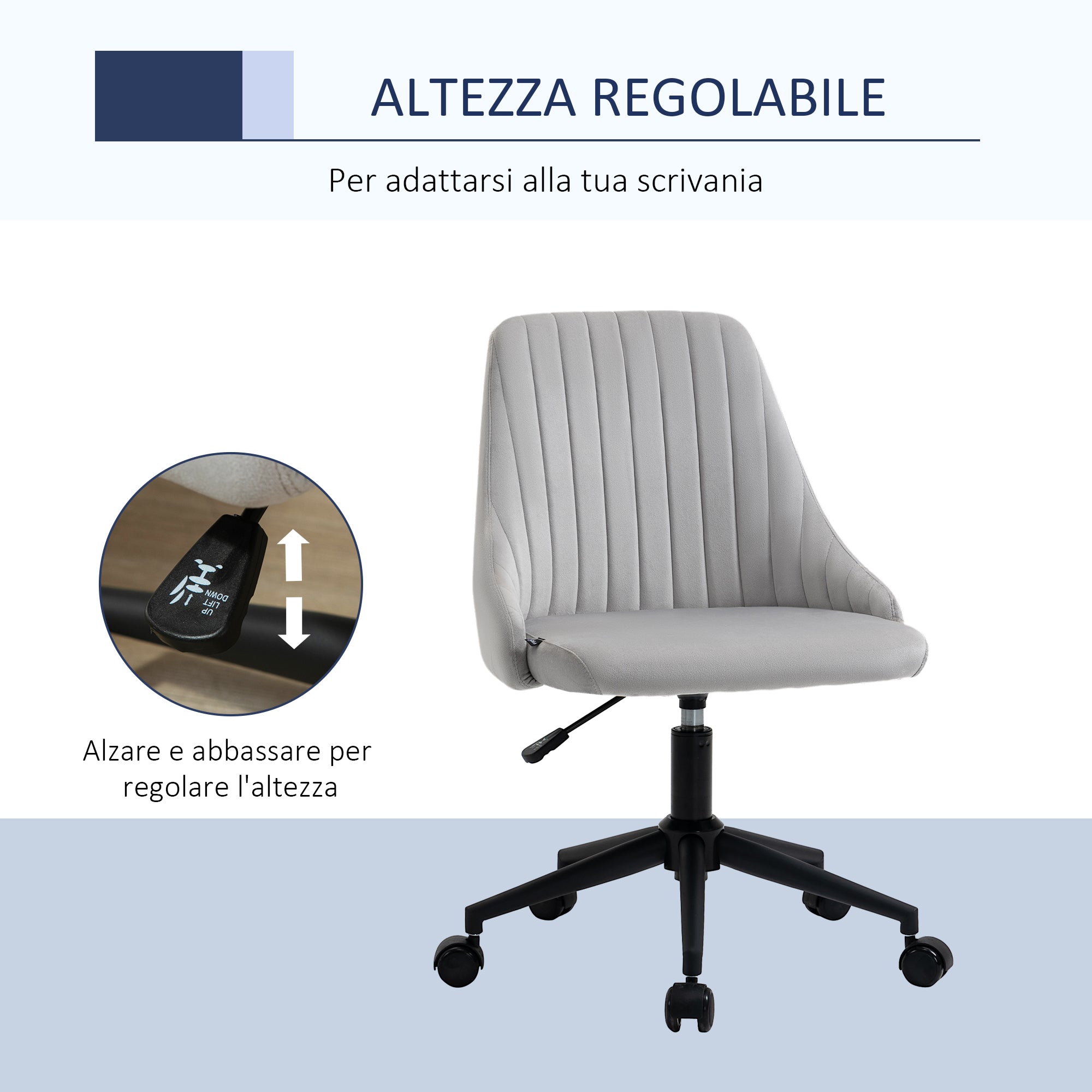 Grey Velvet Office Chair with Adjustable Height, 360° Swivel Ergonomic Chair with Wheels, 50x58x77-87cm