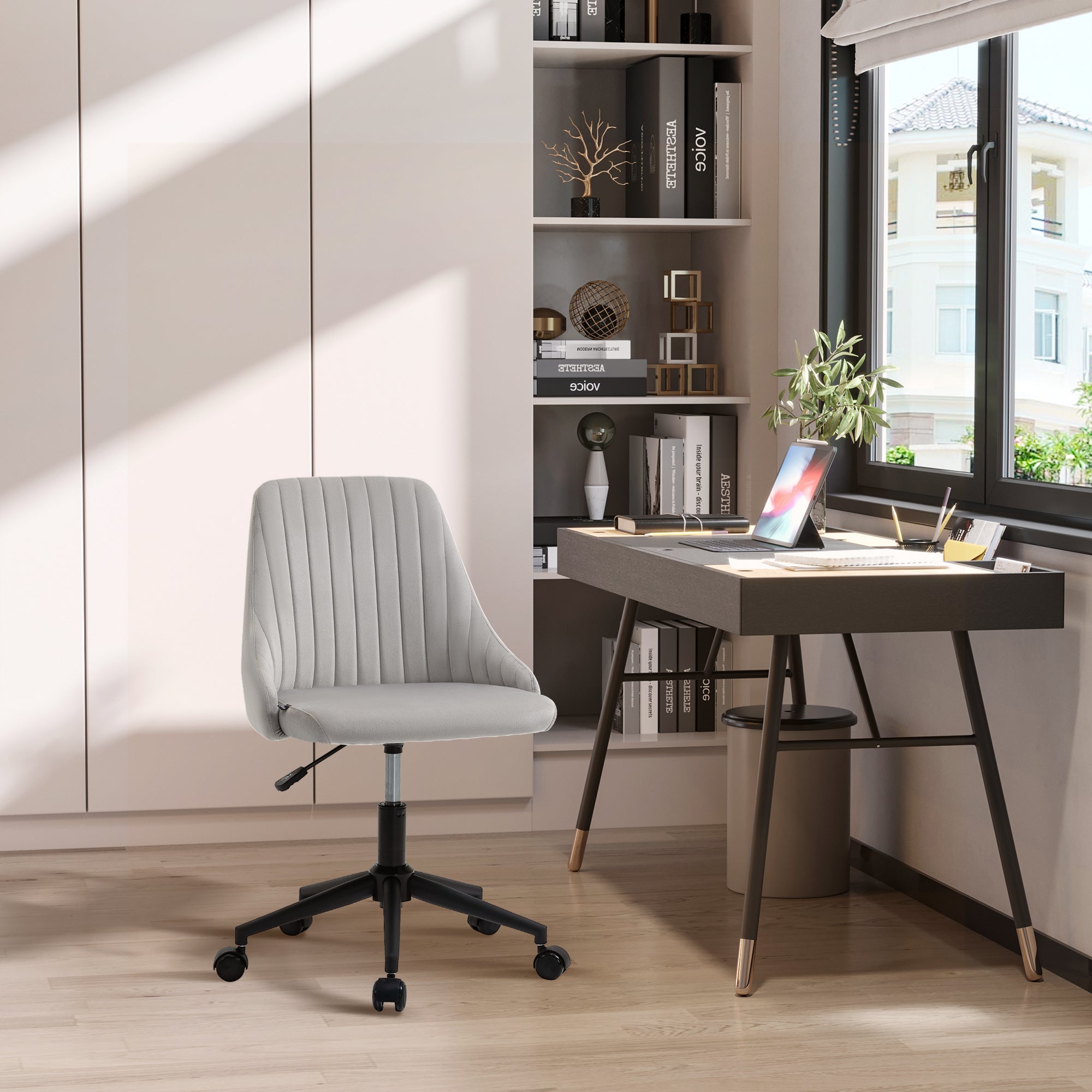 Grey Velvet Office Chair with Adjustable Height, 360° Swivel Ergonomic Chair with Wheels, 50x58x77-87cm