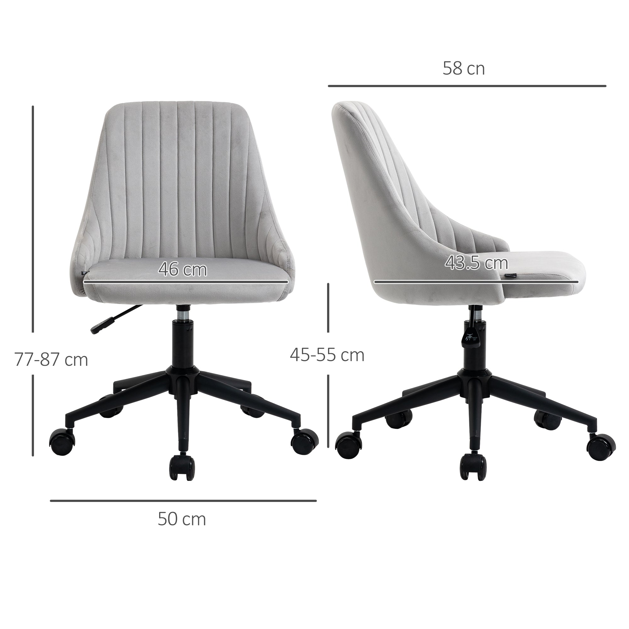 Grey Velvet Office Chair with Adjustable Height, 360° Swivel Ergonomic Chair with Wheels, 50x58x77-87cm