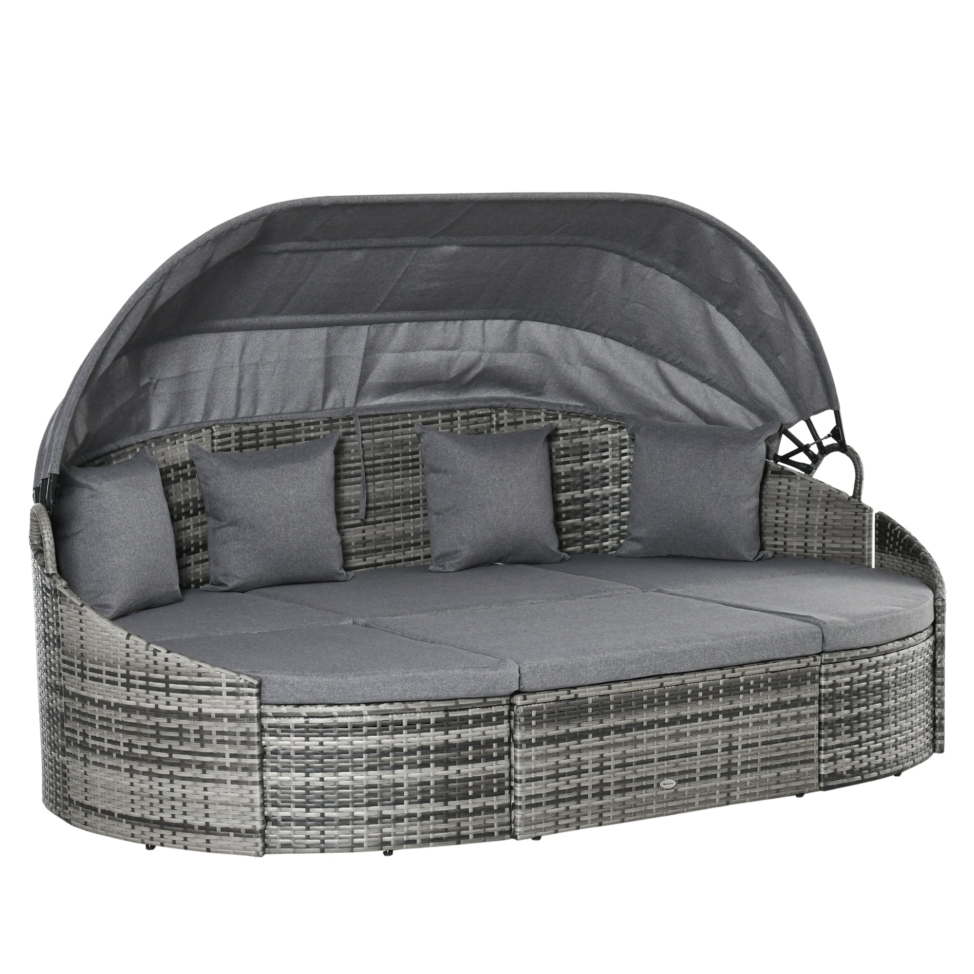 Rattan Daybed 4-Piece Sun Lounger with Sun Canopy Seating Group 4 Cushions Metal Grey 230 x 145 x 80 cm