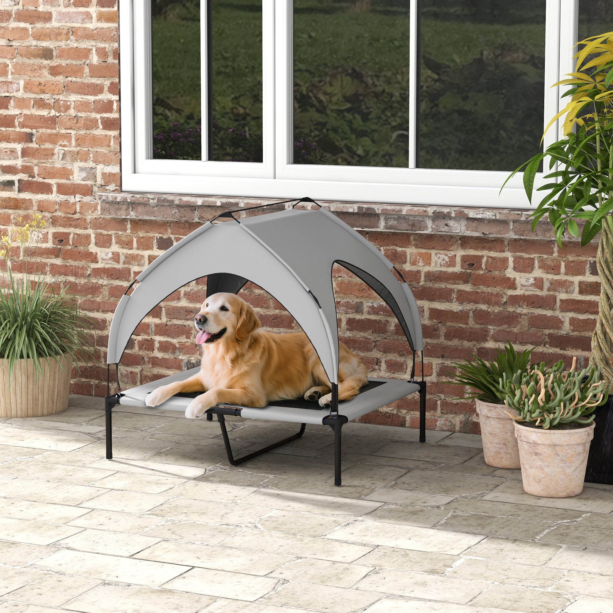 Elevated Dog Bed with Canopy, Pet Bed, Outdoor Dog Lounger with Roof, Breathable, for Large Dogs Light Gray Oxford 91 x 76 x 89 cm