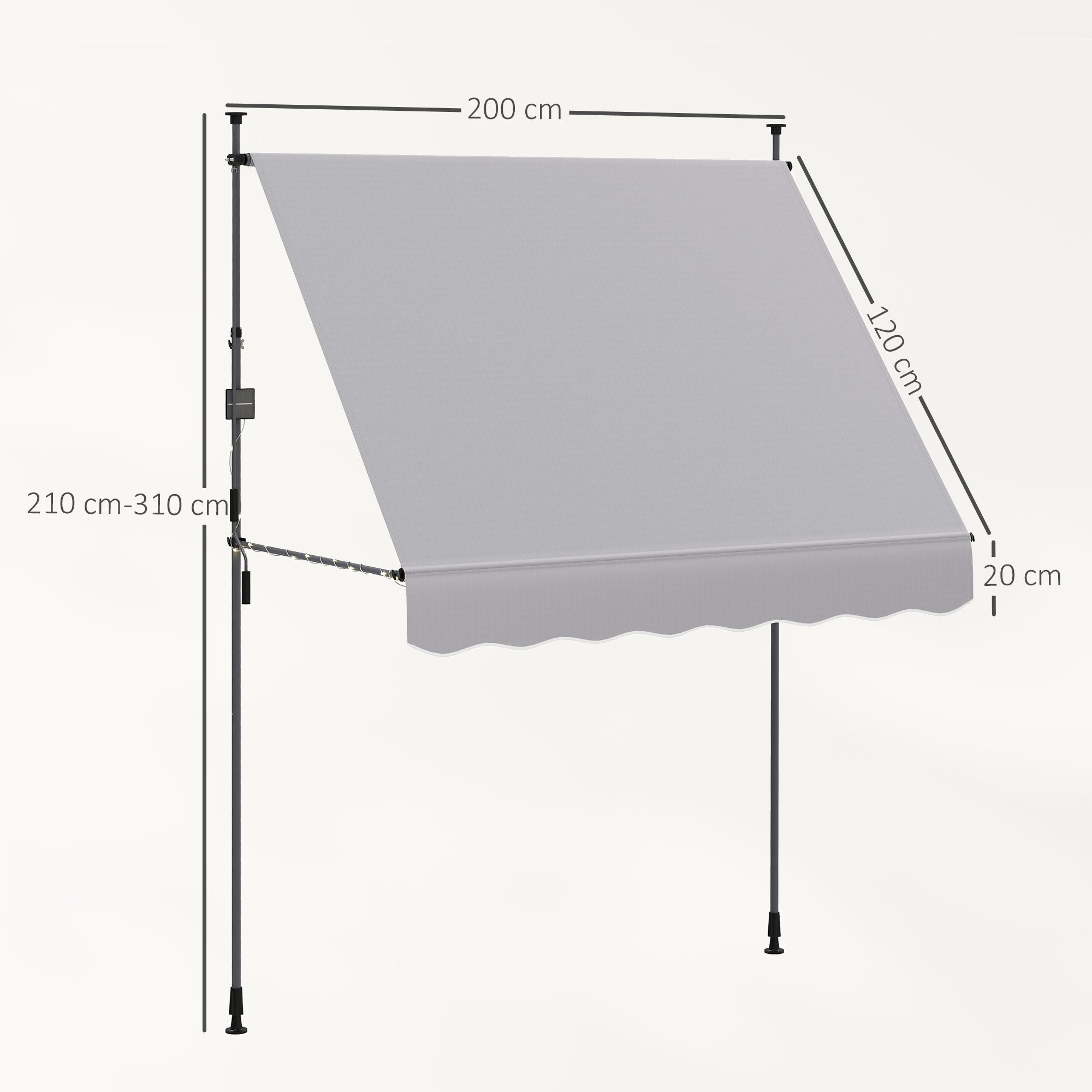 Manual Retractable Awning 2x1.2 m Outdoor Terrace Roll-up Awning Adjustable Height with Crank 210-310 cm UV30+ Protection No Drilling for Garden Balcony Patio Gray