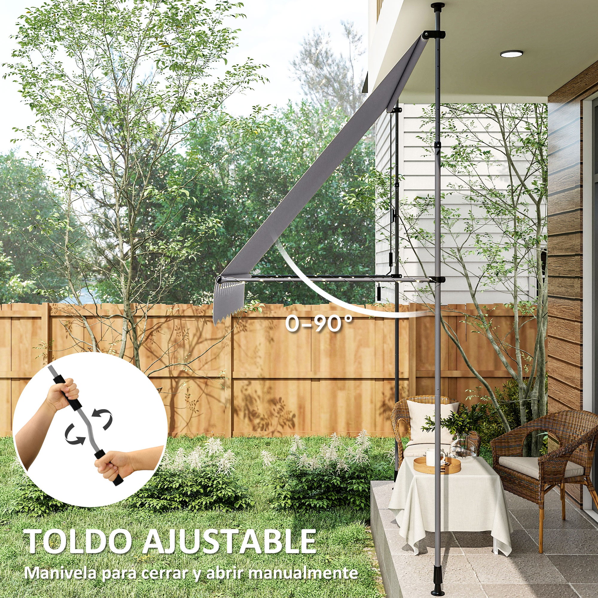Manual Retractable Awning 2x1.2 m Outdoor Terrace Roll-up Awning Adjustable Height with Crank 210-310 cm UV30+ Protection No Drilling for Garden Balcony Patio Gray