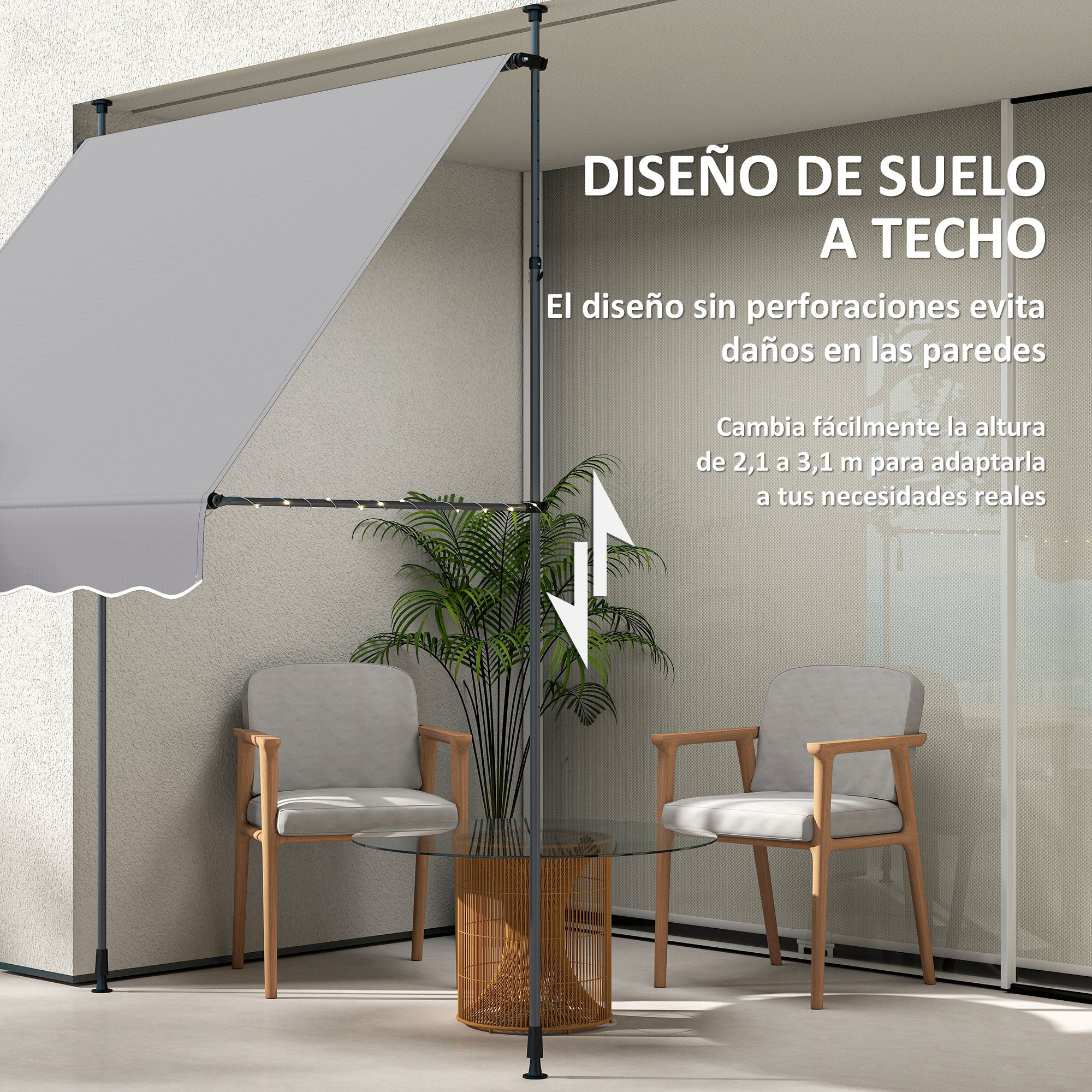 Manual Retractable Awning 2x1.2 m Outdoor Terrace Roll-up Awning Adjustable Height with Crank 210-310 cm UV30+ Protection No Drilling for Garden Balcony Patio Gray