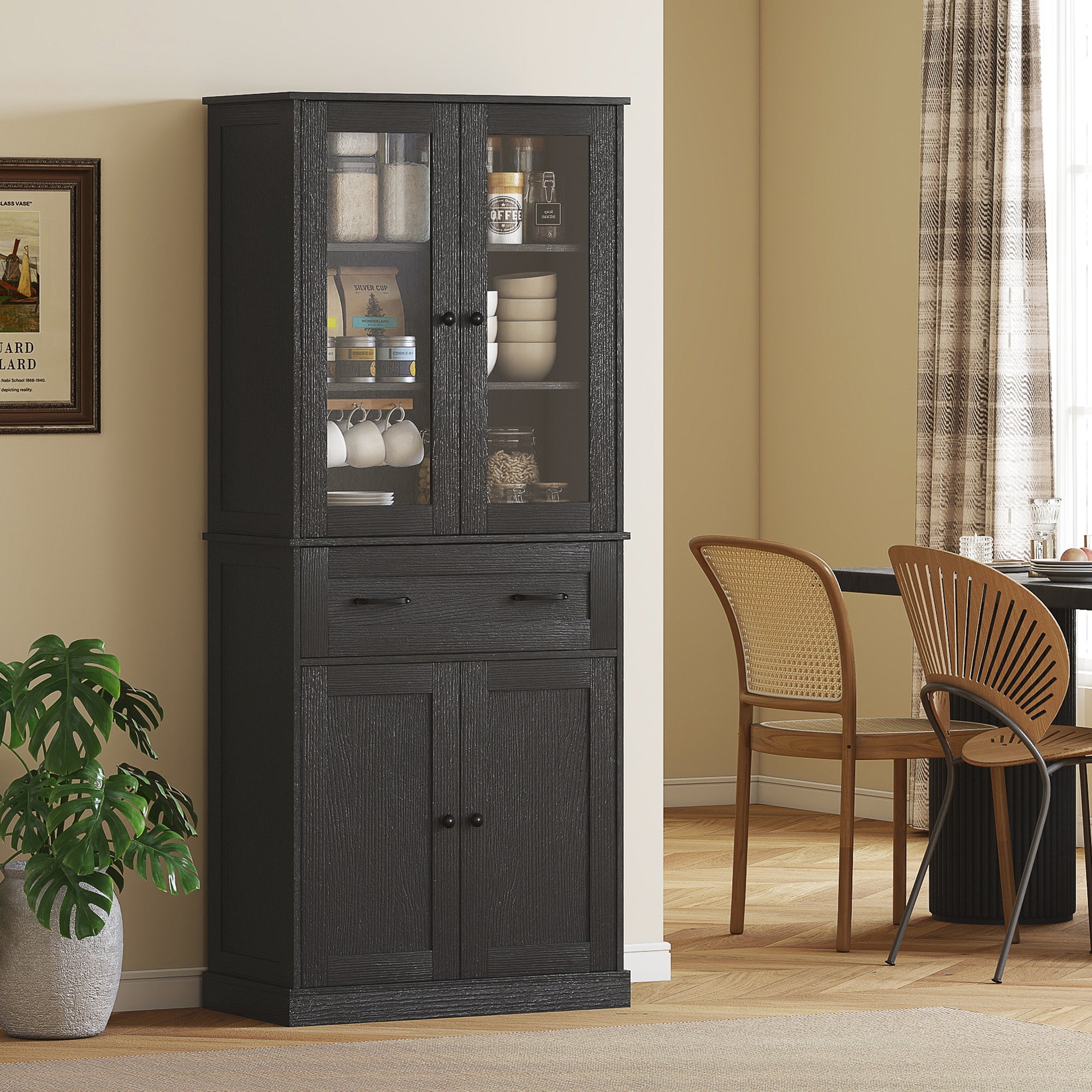 Tall Kitchen Cabinet Buffet with 2 Compartments, Acrylic Doors, Adjustable Shelf and Drawer, Pantry Cabinet for Kitchen/Living/Dining, Black, 76 x 40 x 182.5 cm (30 x 15.7 x 71.9 in)