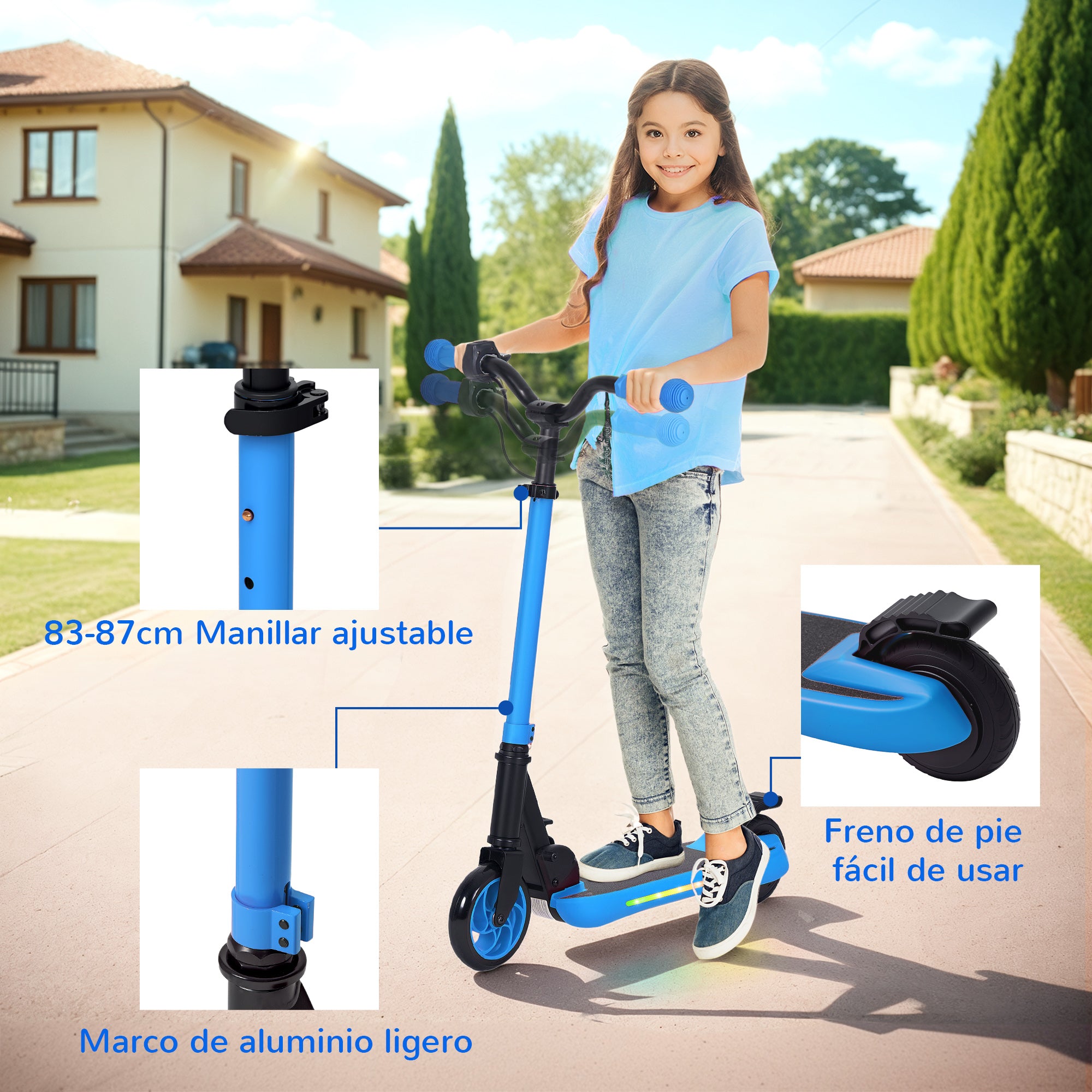 SPORTNOW Foldable Electric Scooter MAX 10 KM/H Electric Scooter for +6 Years Old 120 W Motor Range 6 KM 5" - 5.5" Wheels Rear Brake Adjustable Height LED Lights and Blue Aluminum Frame