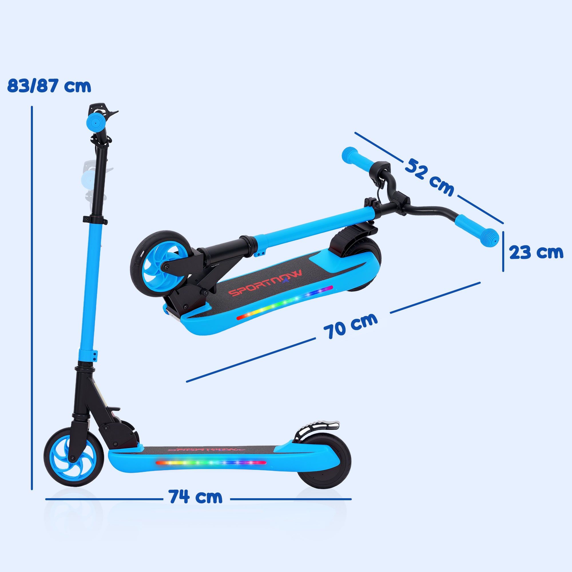 SPORTNOW Foldable Electric Scooter MAX 10 KM/H Electric Scooter for +6 Years Old 120 W Motor Range 6 KM 5" - 5.5" Wheels Rear Brake Adjustable Height LED Lights and Blue Aluminum Frame
