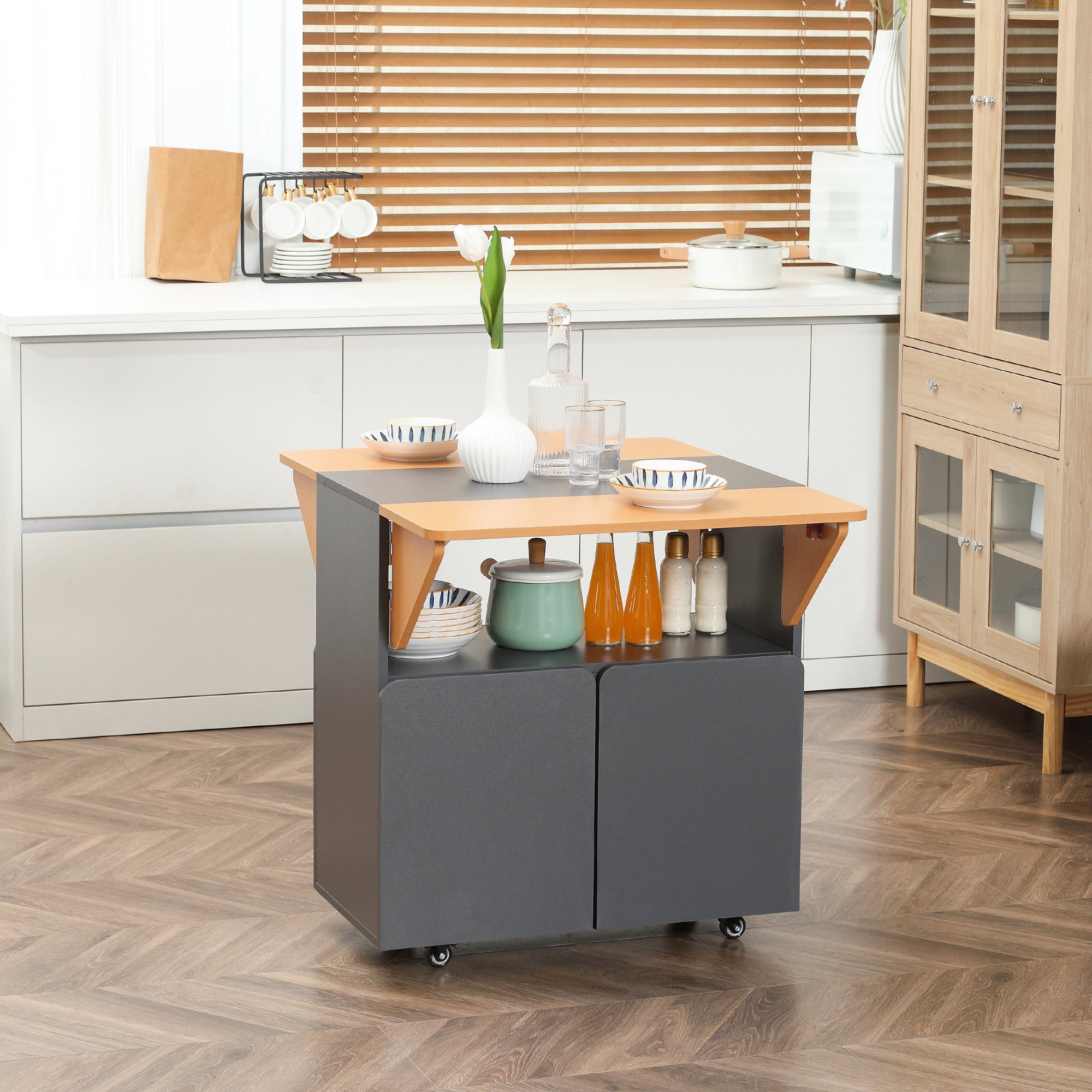 Space Saving Folding Table for up to 4 People with 4 Wheels, Hidden Shelf and Cabinet with Doors, 70x83x75 cm, Yellow and Grey