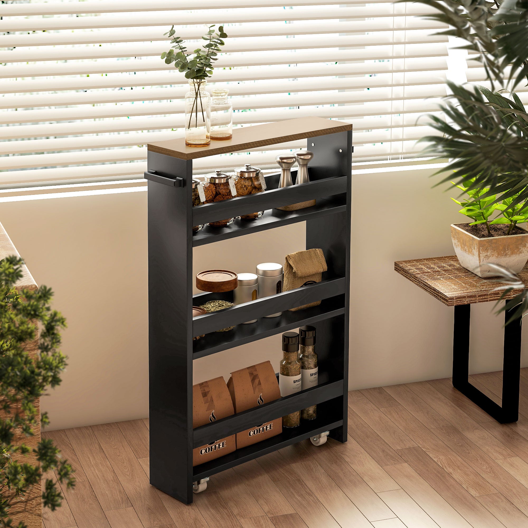 Storage Trolley Cart with Wheels and 3 Storage Levels, dim. 51.5L x 13W x 80H cm, for Kitchen Bathroom Office, black