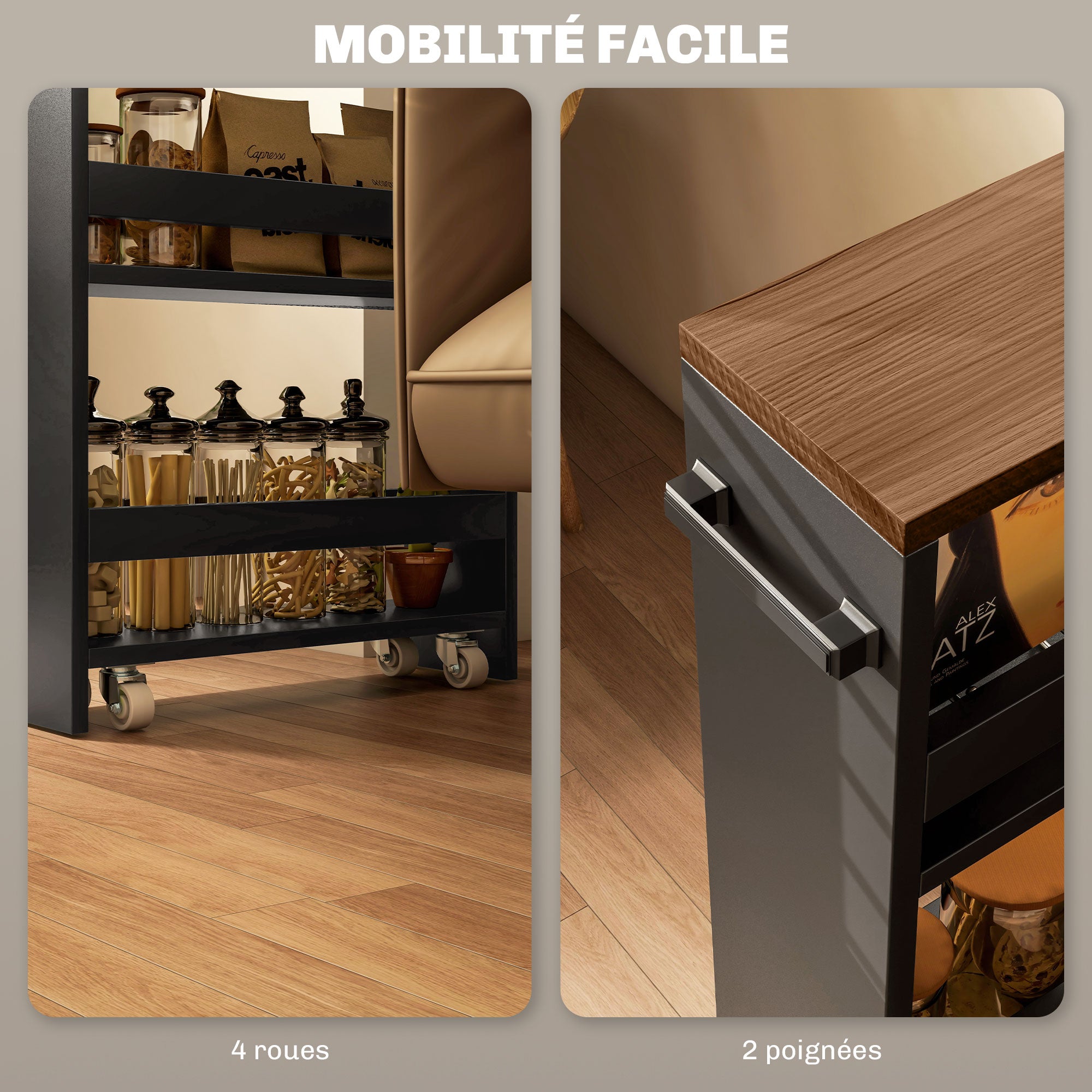 Storage Trolley Cart with Wheels and 3 Storage Levels, dim. 51.5L x 13W x 80H cm, for Kitchen Bathroom Office, black