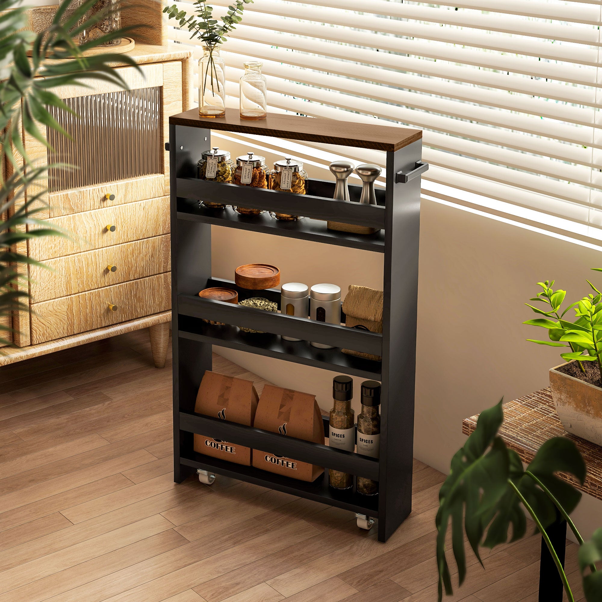 Storage Trolley Cart with Wheels and 3 Storage Levels, dim. 51.5L x 13W x 80H cm, for Kitchen Bathroom Office, black