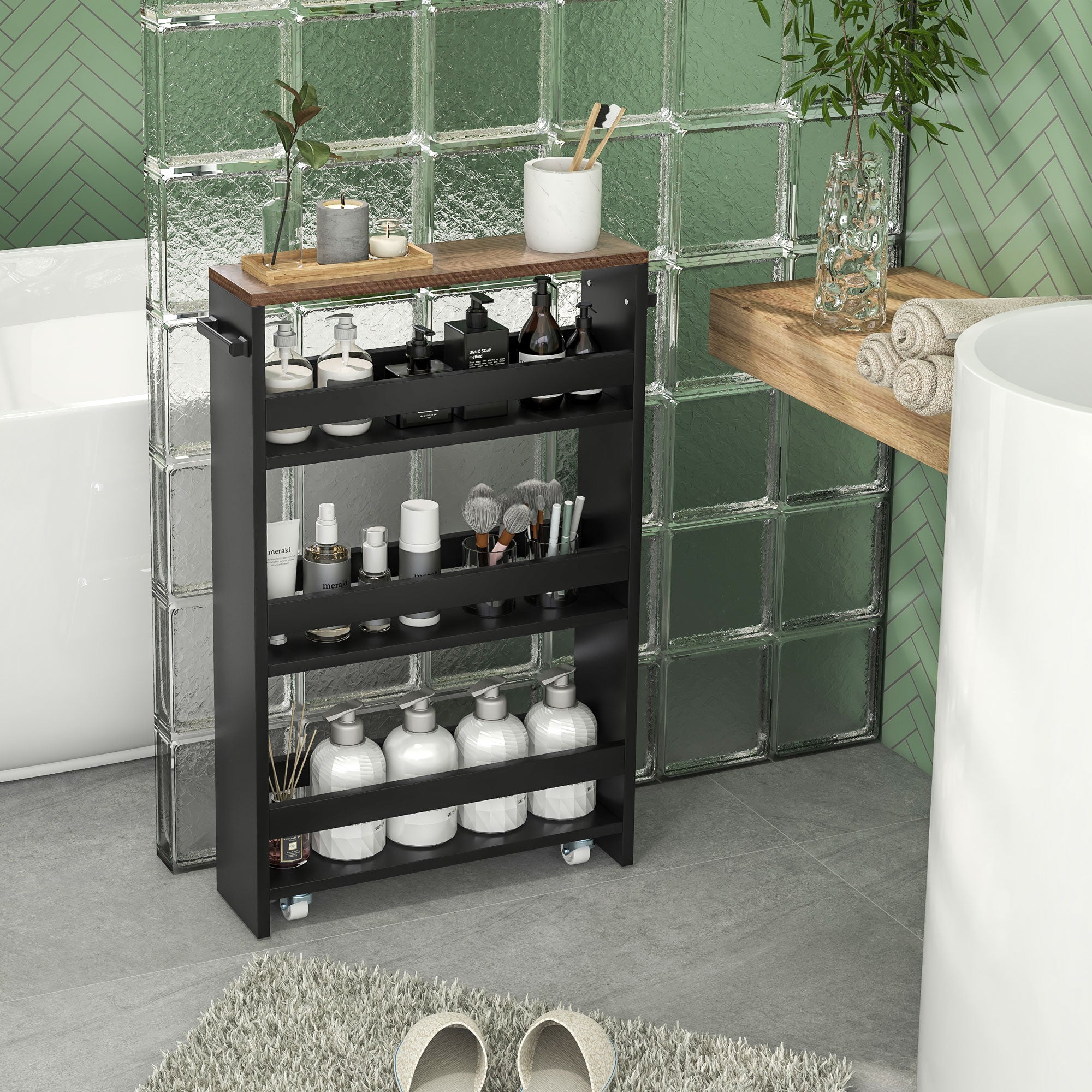 Storage Trolley Cart with Wheels and 3 Storage Levels, dim. 51.5L x 13W x 80H cm, for Kitchen Bathroom Office, black