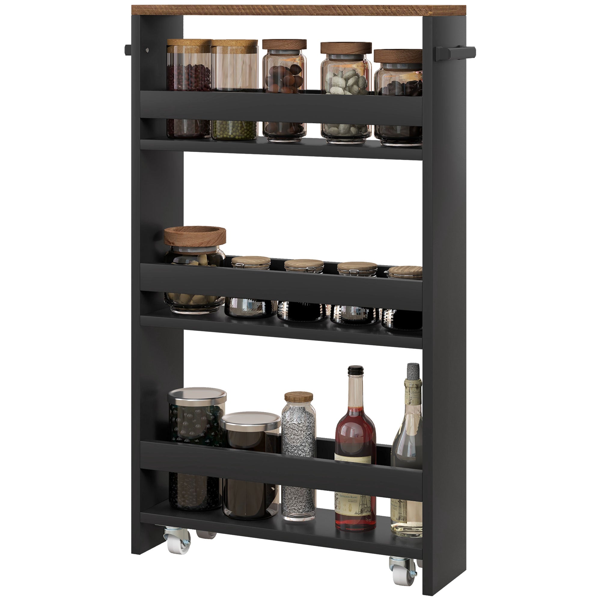 Storage Trolley Cart with Wheels and 3 Storage Levels, dim. 51.5L x 13W x 80H cm, for Kitchen Bathroom Office, black