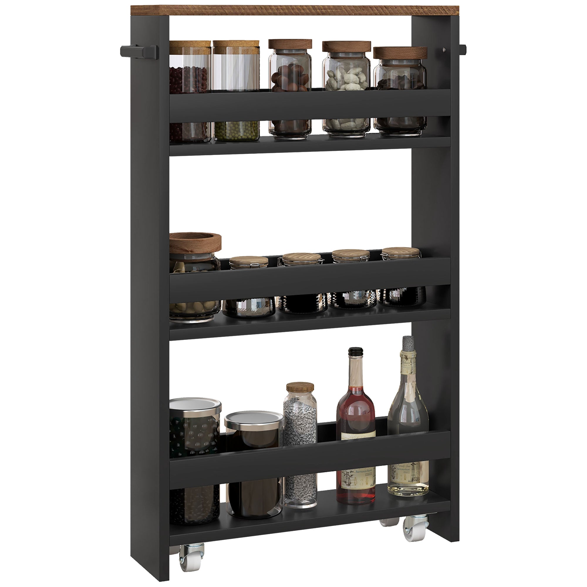 Storage Trolley Cart with Wheels and 3 Storage Levels, dim. 51.5L x 13W x 80H cm, for Kitchen Bathroom Office, black