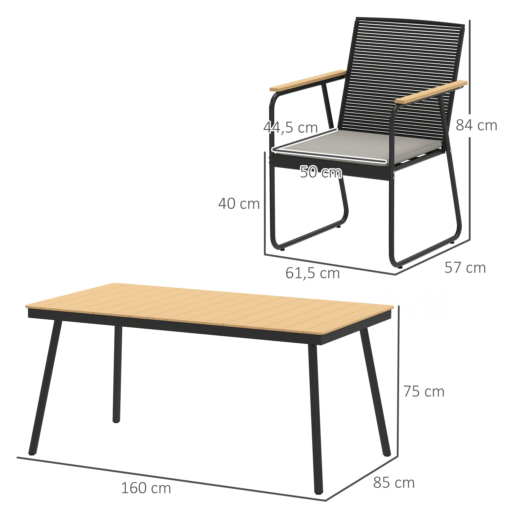 7-Piece Metal Dining Set for 6 People Dining Table with 6 Chairs Kitchen Table Set with Metal Frame Balcony Furniture Garden Furniture for Patio, Balcony Natural Wood