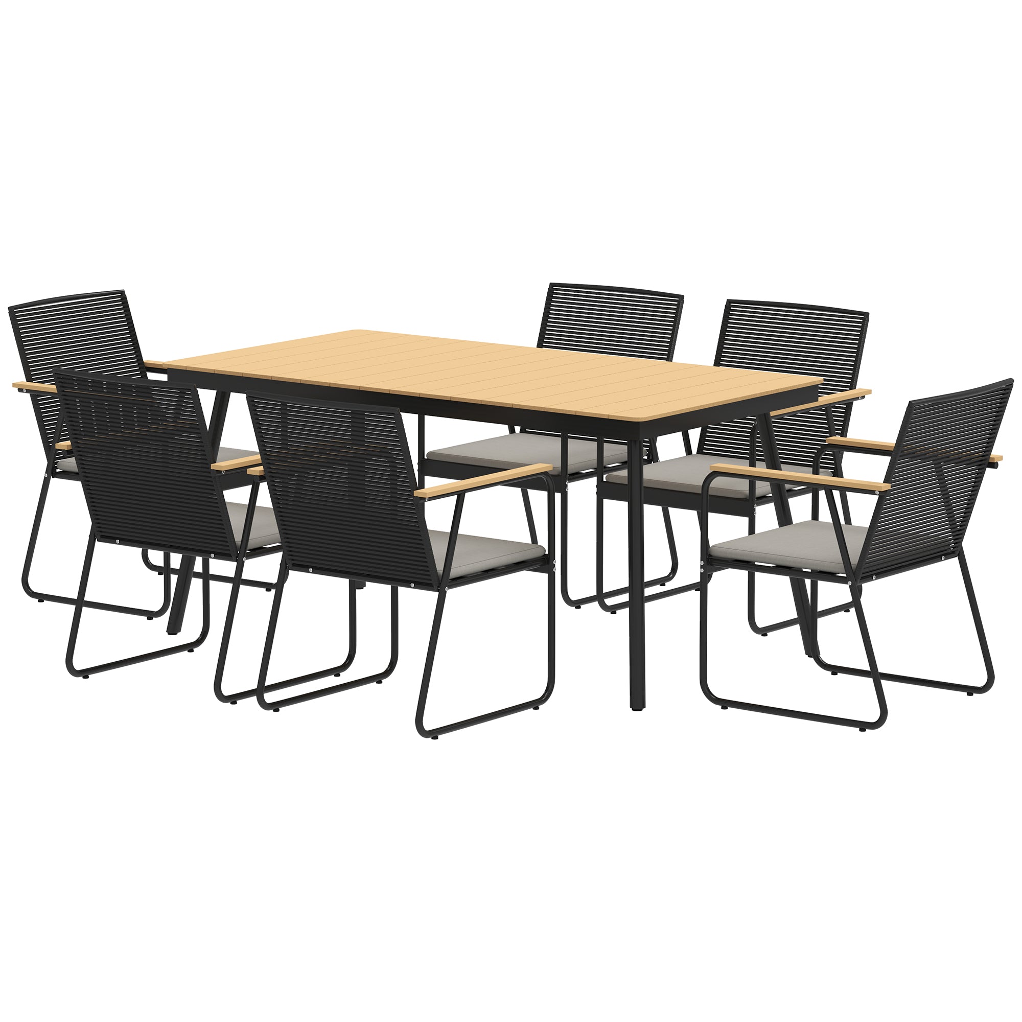 7-Piece Metal Dining Set for 6 People Dining Table with 6 Chairs Kitchen Table Set with Metal Frame Balcony Furniture Garden Furniture for Patio, Balcony Natural Wood