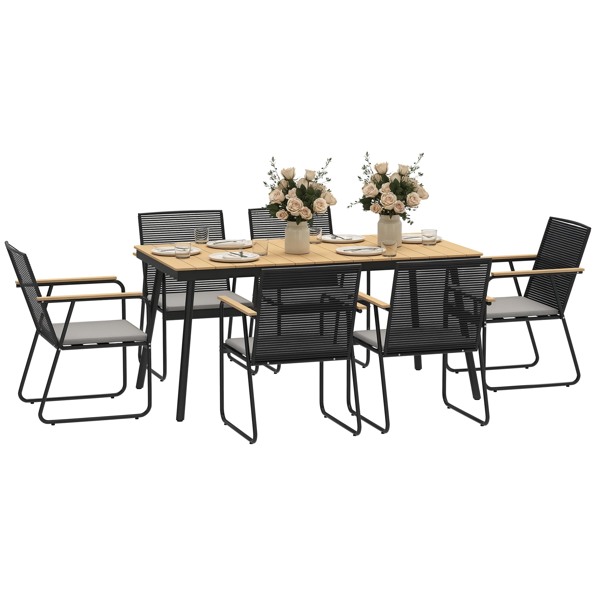 7-Piece Metal Dining Set for 6 People Dining Table with 6 Chairs Kitchen Table Set with Metal Frame Balcony Furniture Garden Furniture for Patio, Balcony Natural Wood