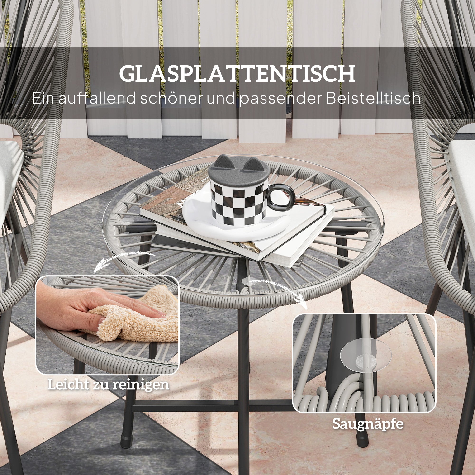 Poly Rattan Garden Furniture Set, Outdoor Balcony Furniture for 2 People, 3-Piece Bistro Set with 2 Chairs, Side Table, Seat Cushions, Weatherproof Seating Group for Garden Balcony Dark Gray