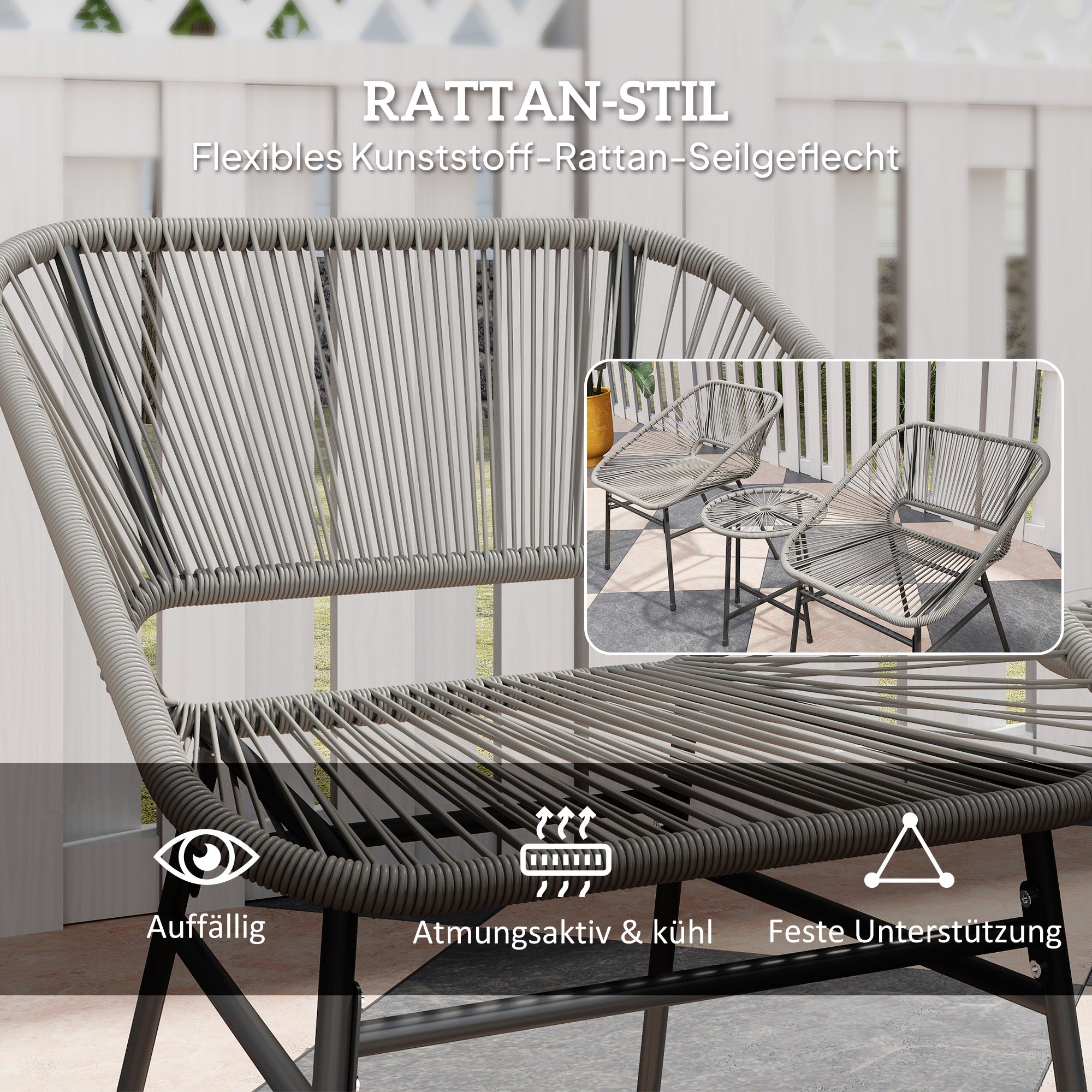 Poly Rattan Garden Furniture Set, Outdoor Balcony Furniture for 2 People, 3-Piece Bistro Set with 2 Chairs, Side Table, Seat Cushions, Weatherproof Seating Group for Garden Balcony Dark Gray