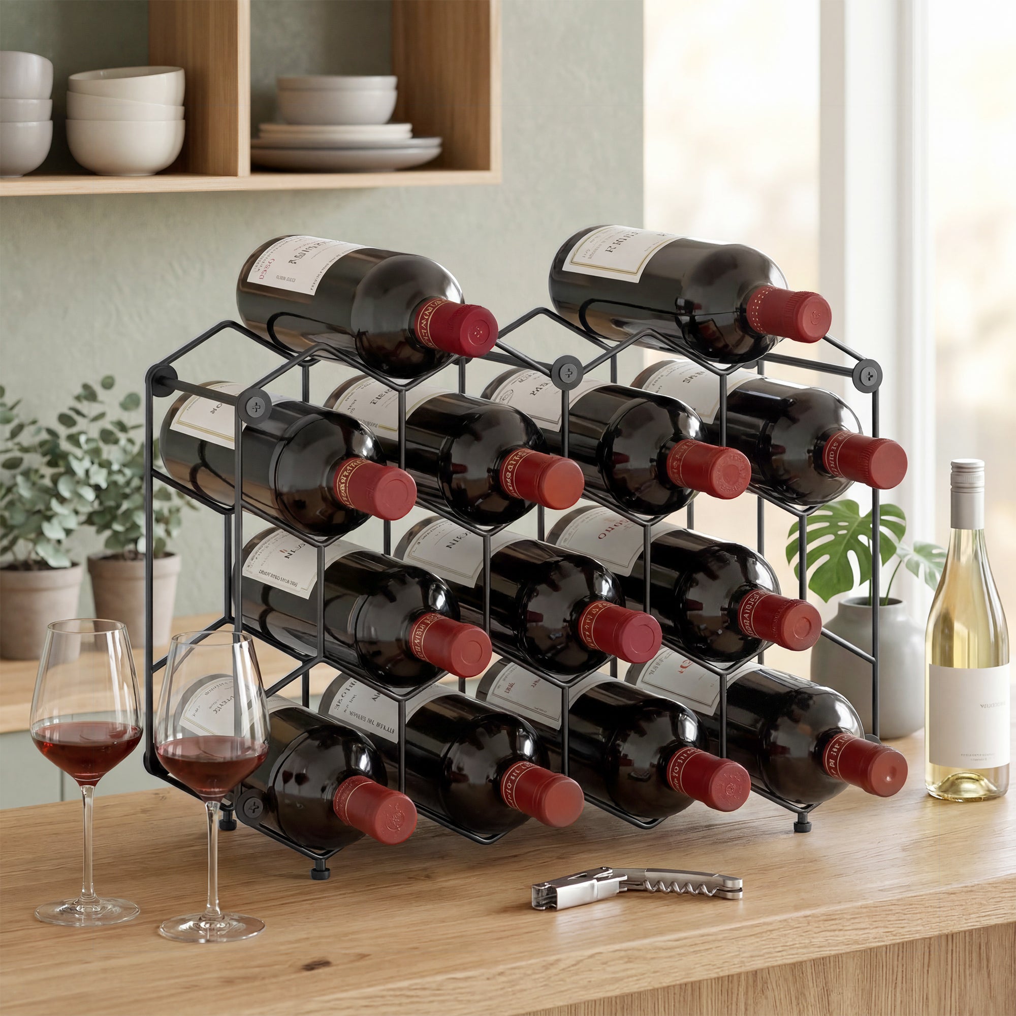 Industrial Honeycomb Wine Rack for 13 Bottles, Metal, Adjustable Feet & Anti-Tip Strap, Black
