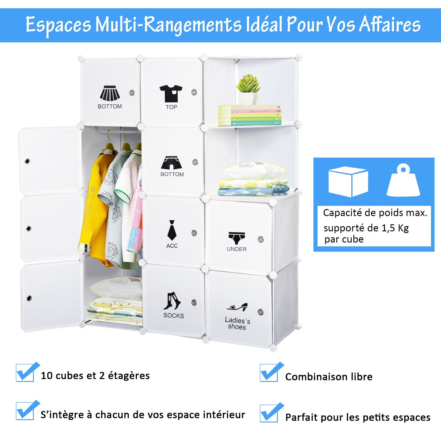 Modular Multi-Storage Cube Wardrobe 10 Cubes + 2 Shelves + Decorative Stickers 111L x 47W x 145H cm in White Plastic