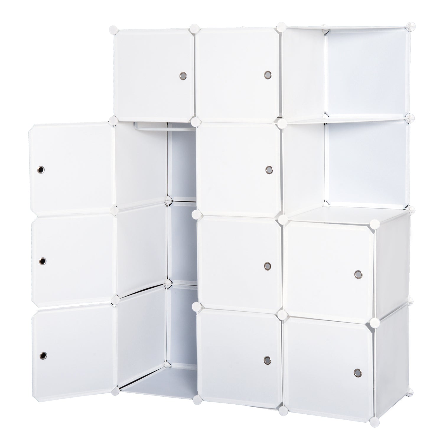 Modular Multi-Storage Cube Wardrobe 10 Cubes + 2 Shelves + Decorative Stickers 111L x 47W x 145H cm in White Plastic