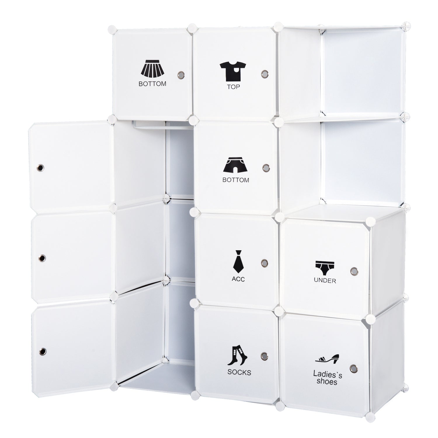 Modular Multi-Storage Cube Wardrobe 10 Cubes + 2 Shelves + Decorative Stickers 111L x 47W x 145H cm in White Plastic