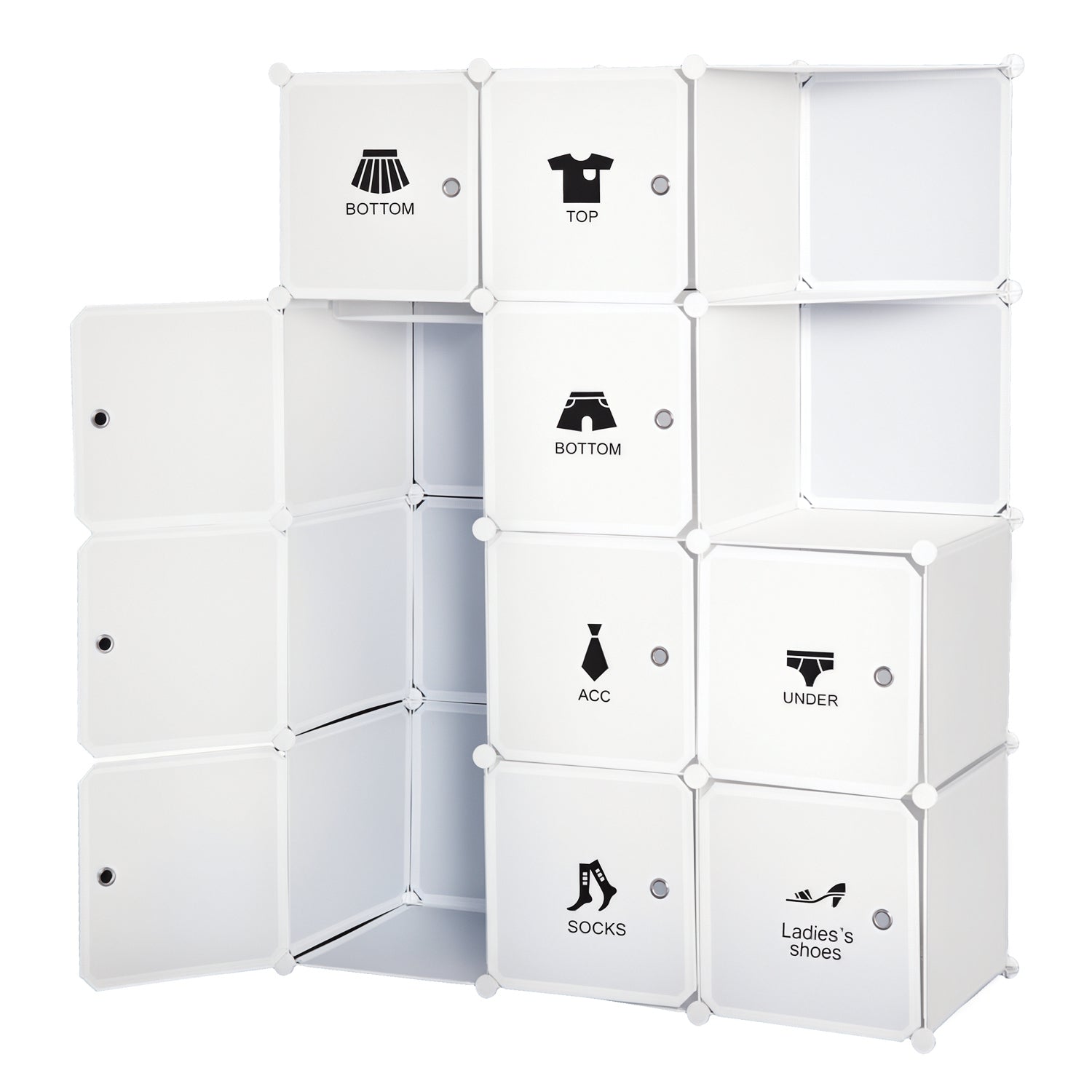 Modular Multi-Storage Cube Wardrobe 10 Cubes + 2 Shelves + Decorative Stickers 111L x 47W x 145H cm in White Plastic