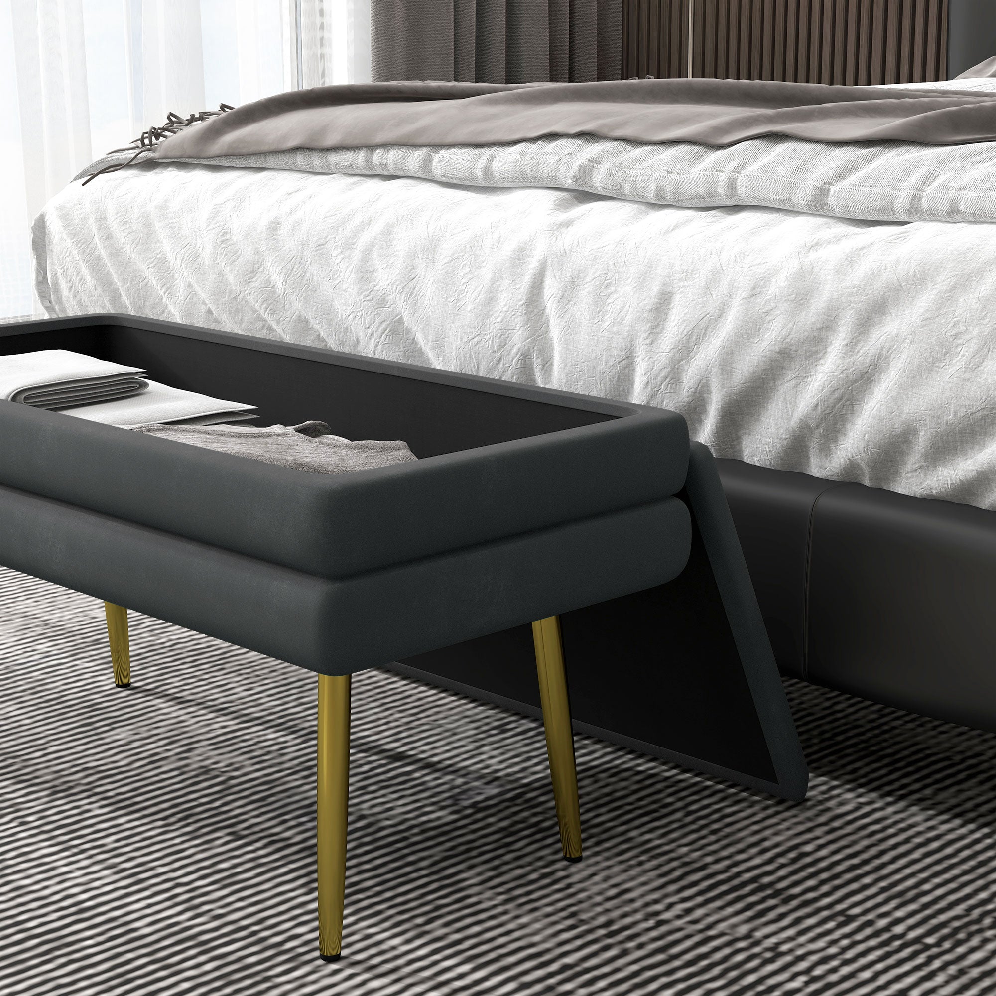 Storage Bench Padded Bench with Velvet Look, Storage Chest with Metal Legs, Storage Bench for Living Room Bedroom Hallway Gray, 79.5 x 37.5 x 43 cm