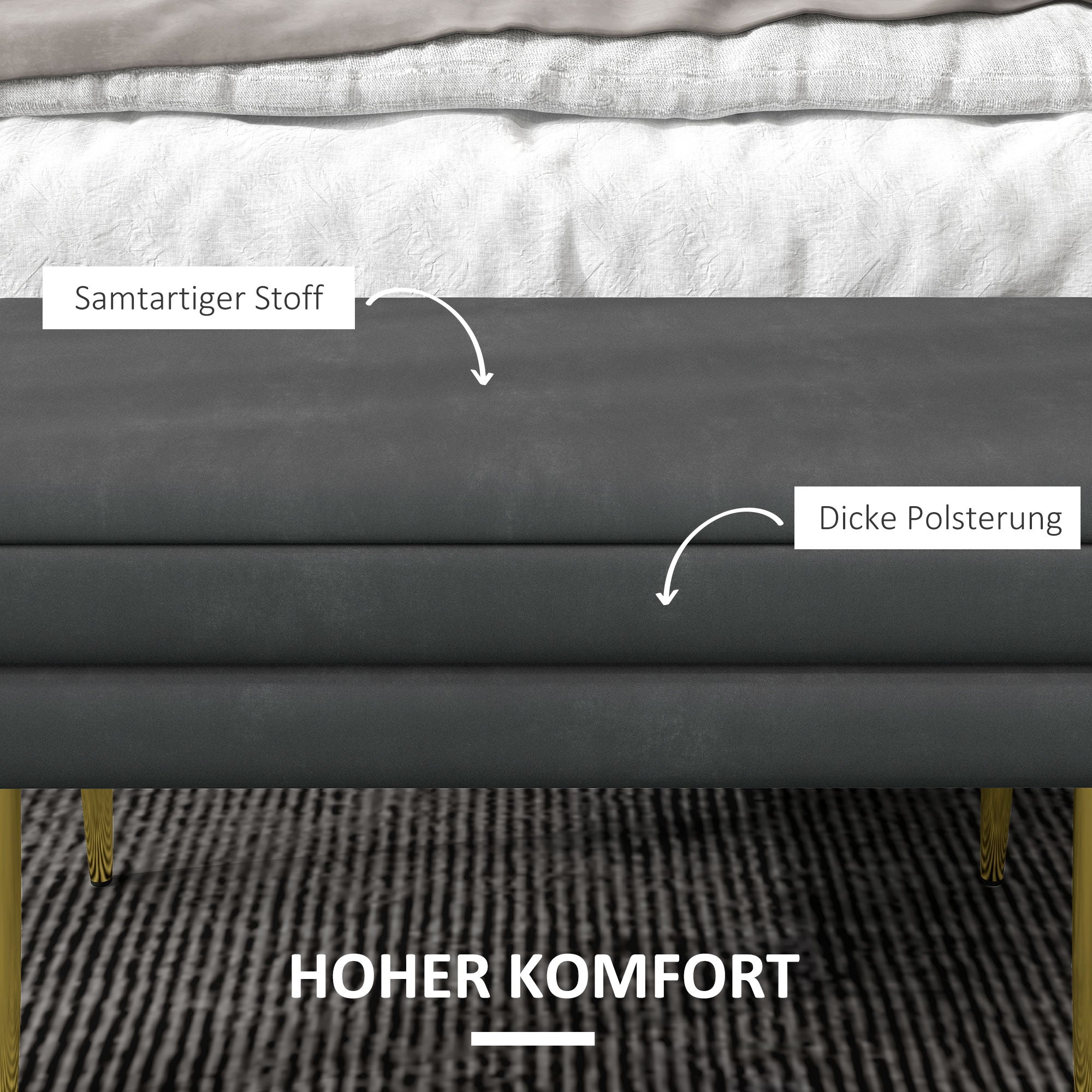 Storage Bench Padded Bench with Velvet Look, Storage Chest with Metal Legs, Storage Bench for Living Room Bedroom Hallway Gray, 79.5 x 37.5 x 43 cm