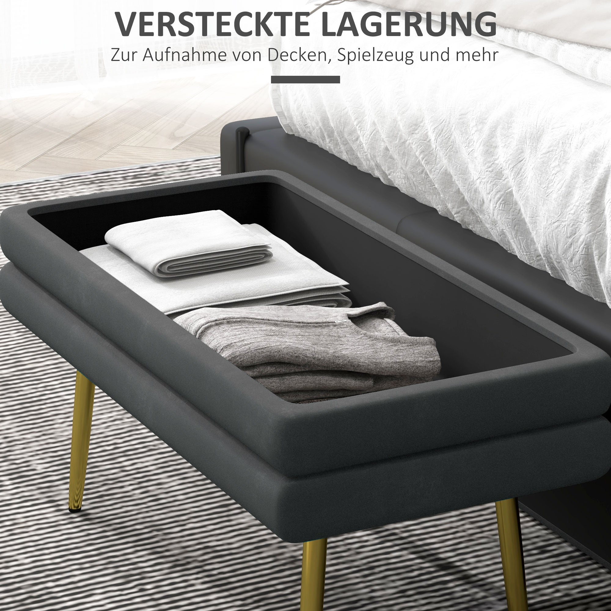 Storage Bench Padded Bench with Velvet Look, Storage Chest with Metal Legs, Storage Bench for Living Room Bedroom Hallway Gray, 79.5 x 37.5 x 43 cm