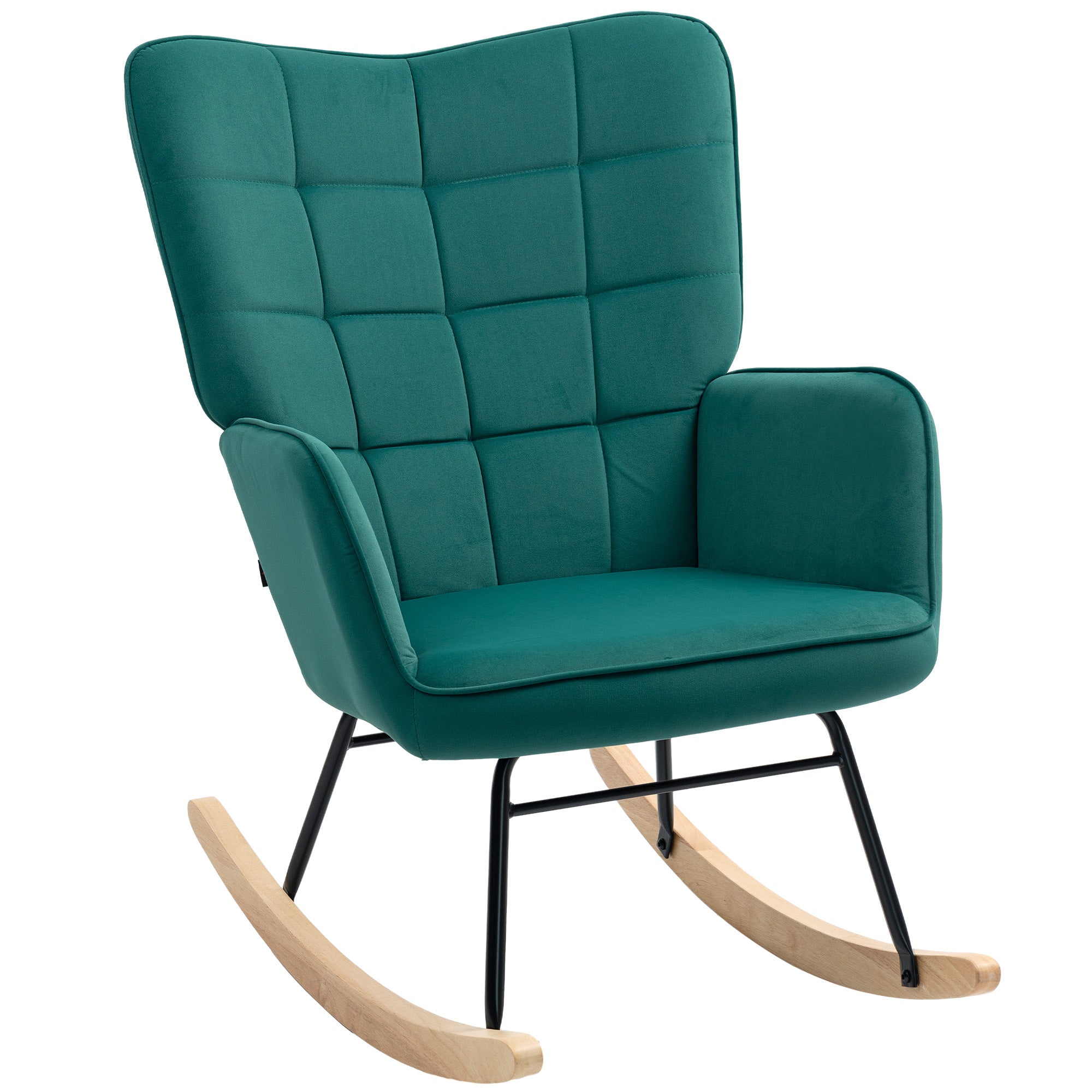 Rocking Chair, Velvet Upholstery, Nursing Chair, Steel Frame, Solid Wood Legs, Dark Green