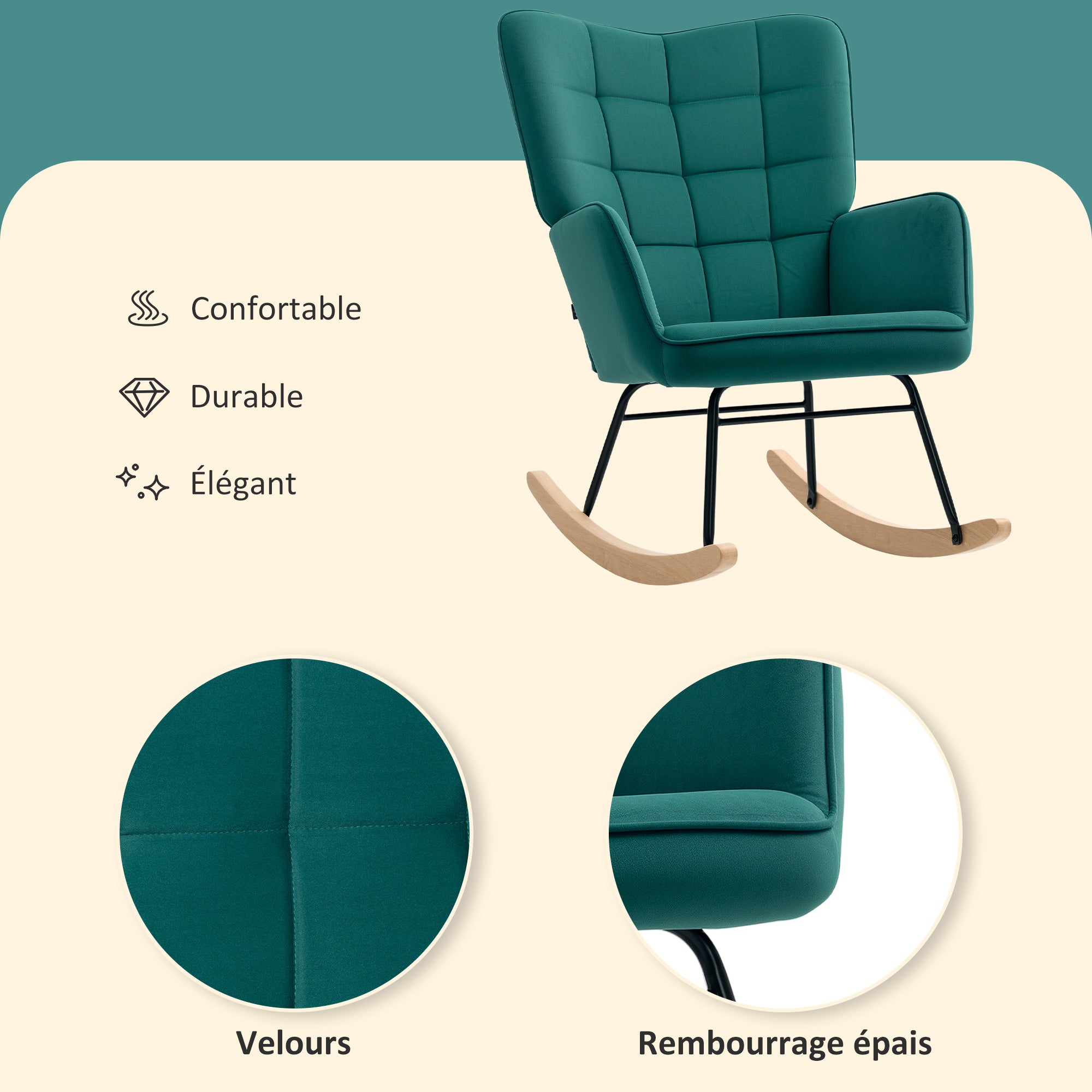 Rocking Chair, Velvet Upholstery, Nursing Chair, Steel Frame, Solid Wood Legs, Dark Green