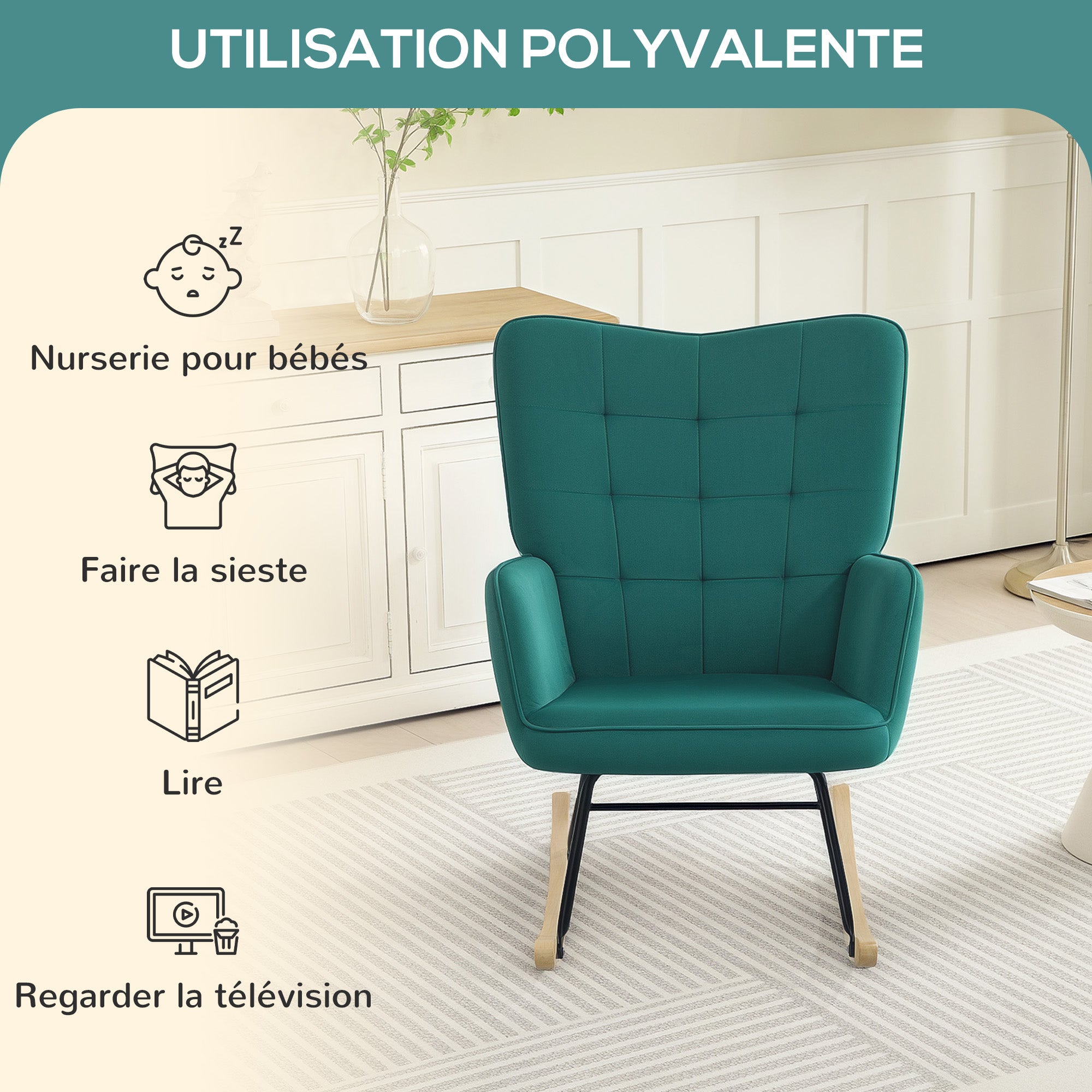 Rocking Chair, Velvet Upholstery, Nursing Chair, Steel Frame, Solid Wood Legs, Dark Green