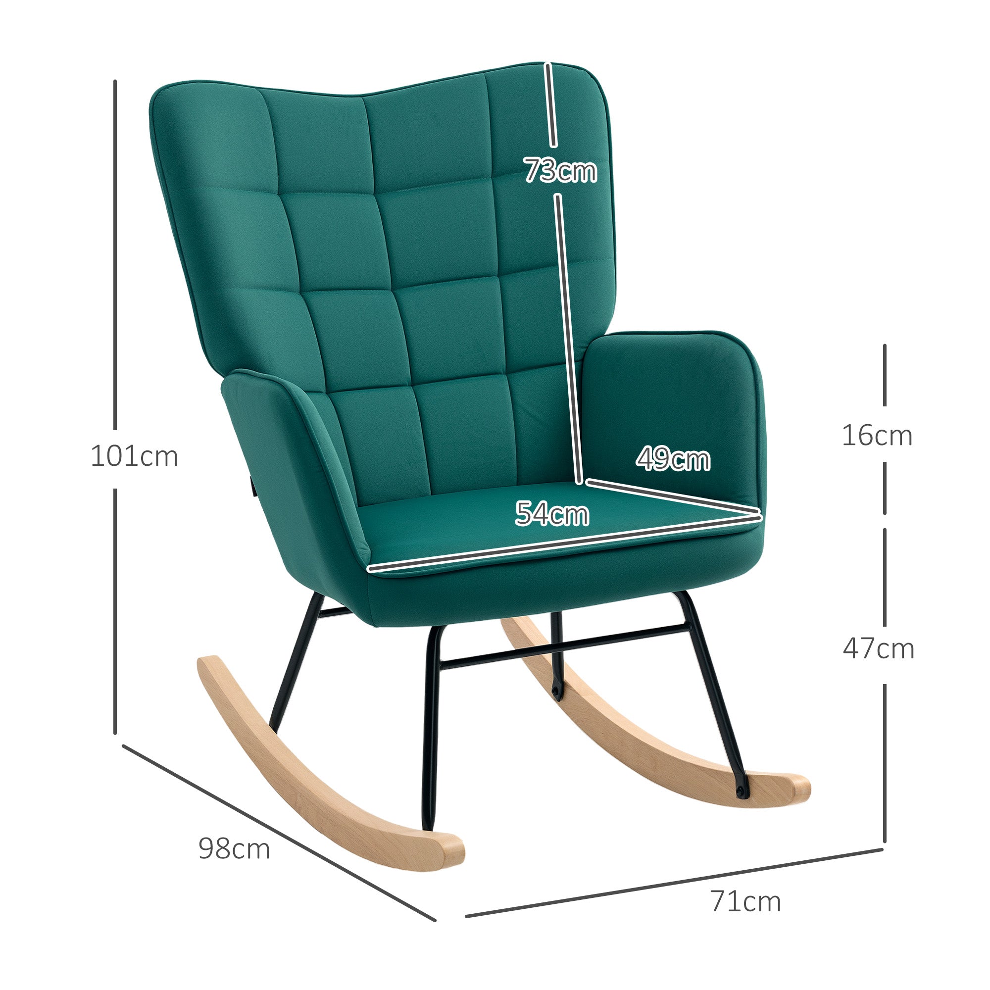 Rocking Chair, Velvet Upholstery, Nursing Chair, Steel Frame, Solid Wood Legs, Dark Green