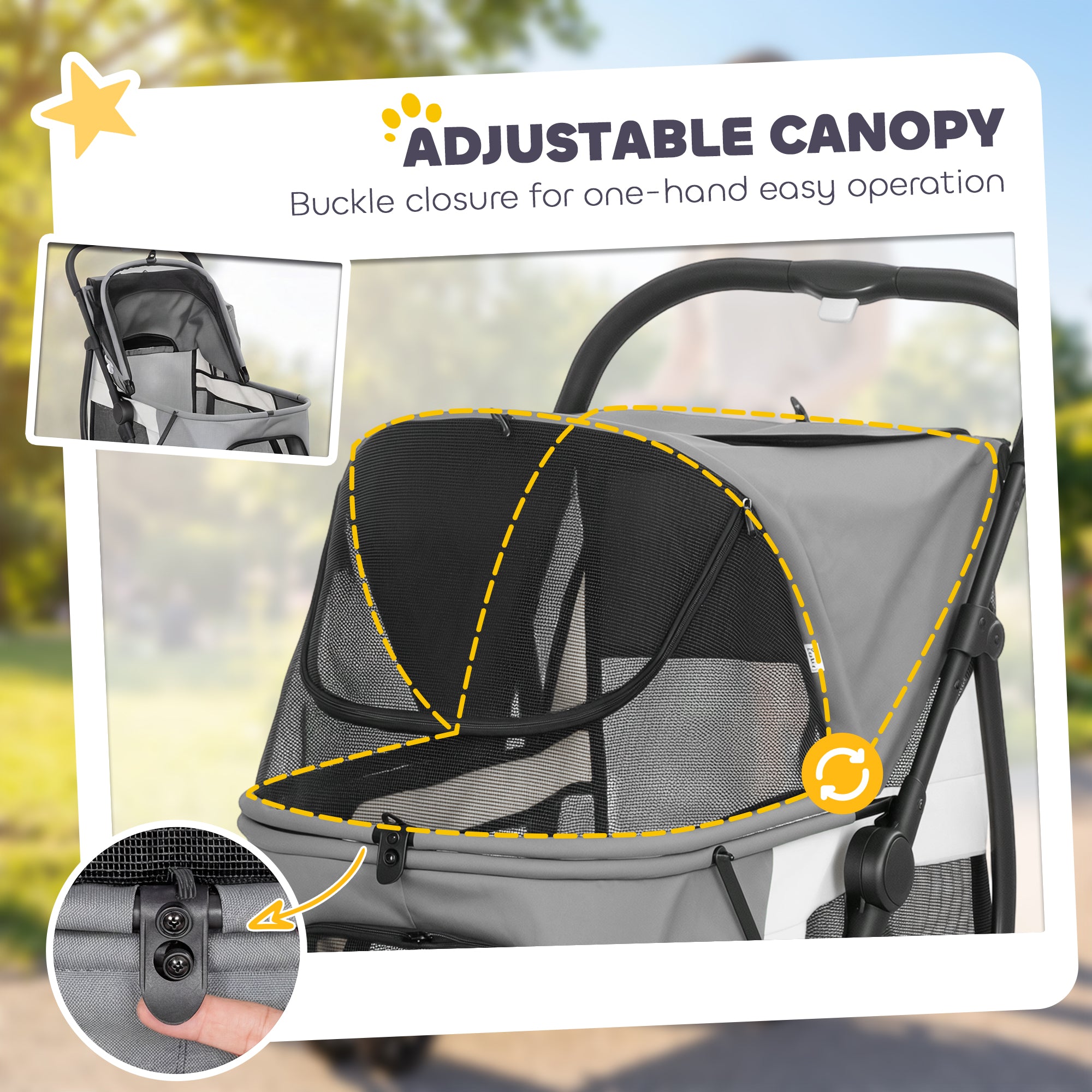 Foldable Dog Stroller / Pet Buggy for Dogs & Cats — Up to 44 lb (20 kg), Washable Cushion, Mesh Windows, 3 Wheels, Door, Rear Pocket, Gray